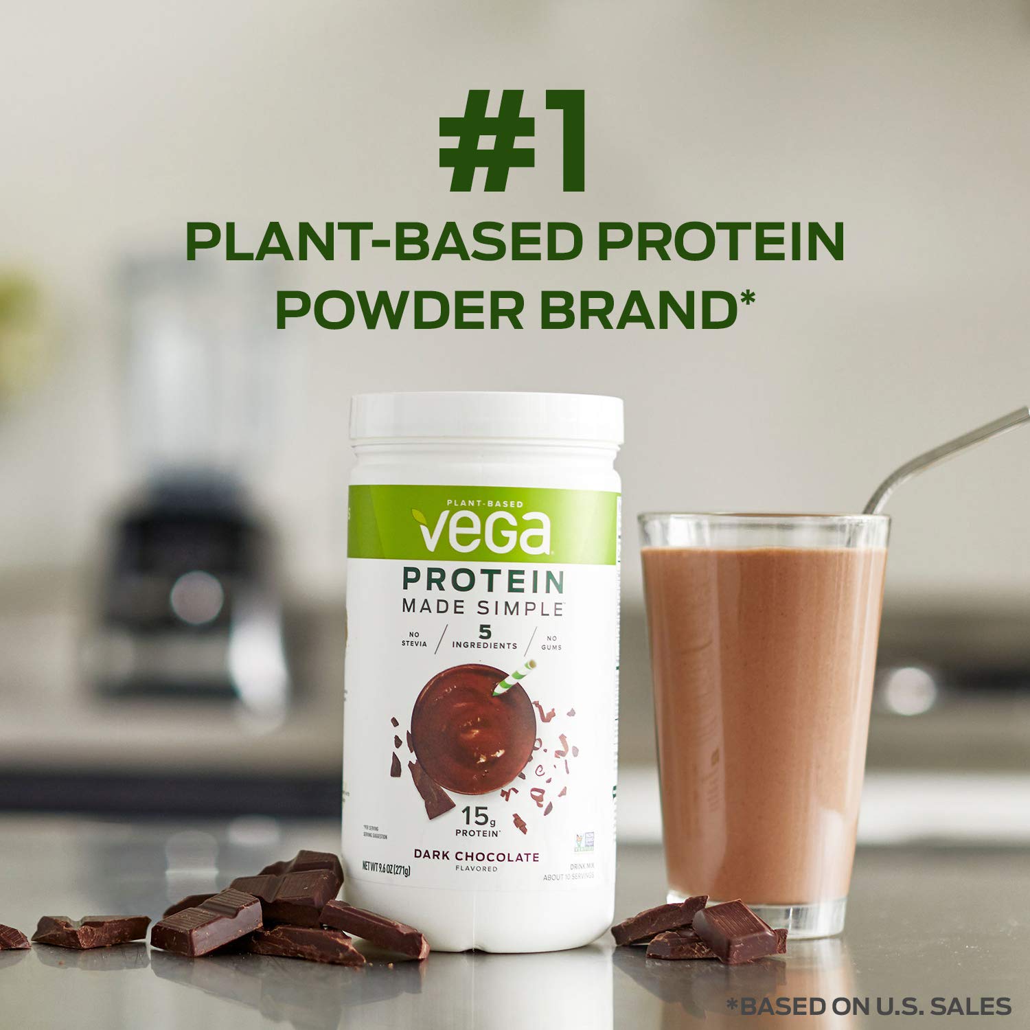 Vega Plant-Based Protein Powder, Dark Chocolate - Vegan, Gluten-Free, Stevia-Free Pea Protein Supplement for Men & Women, 9.6 oz (Packaging May Vary) | Post-Workout Recovery, Smoothie Booster & Healthy Meal Replacement