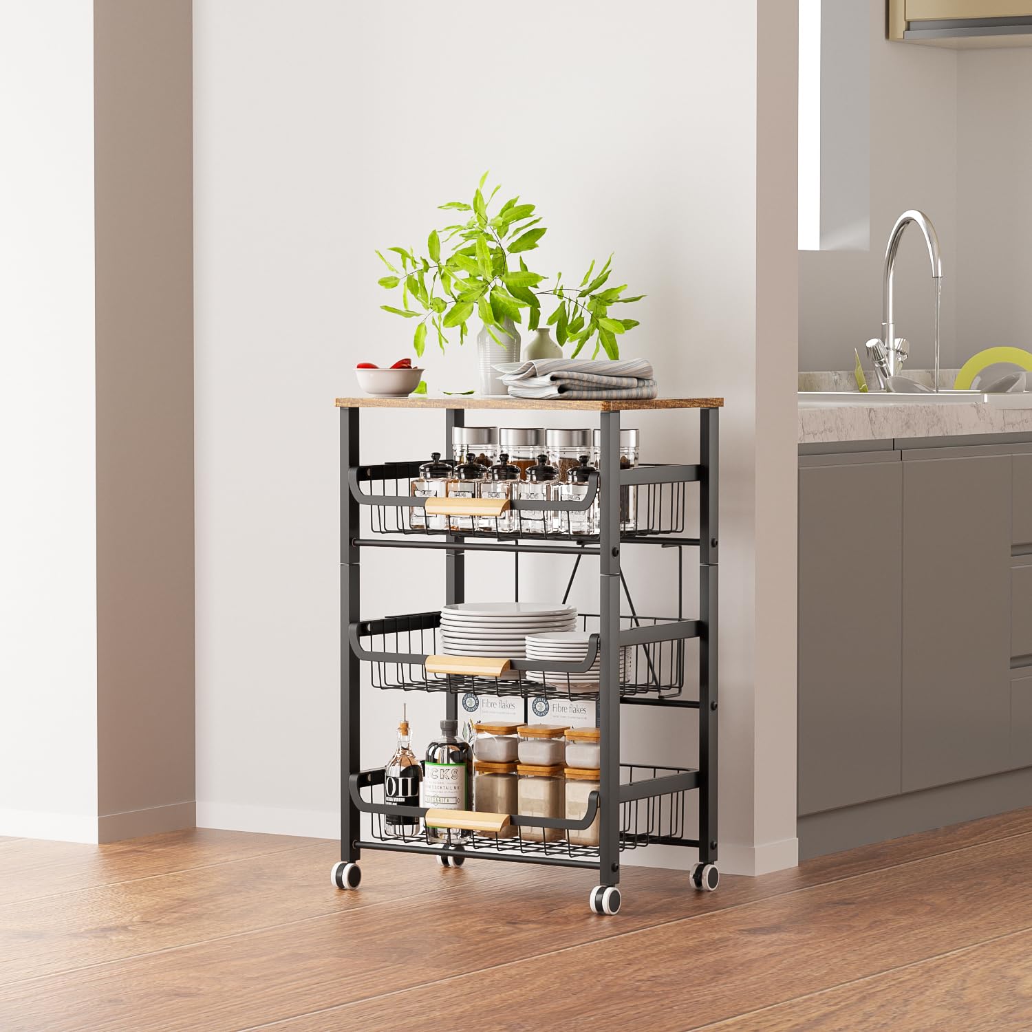 4-Tier Stackable Metal Fruit Basket Organizer - Pull-Out Sliding Storage Rack for Kitchen Countertop, Pantry & Dining Room - Black Space-Saving Food Storage Solution for Fruits, Vegetables & Snacks