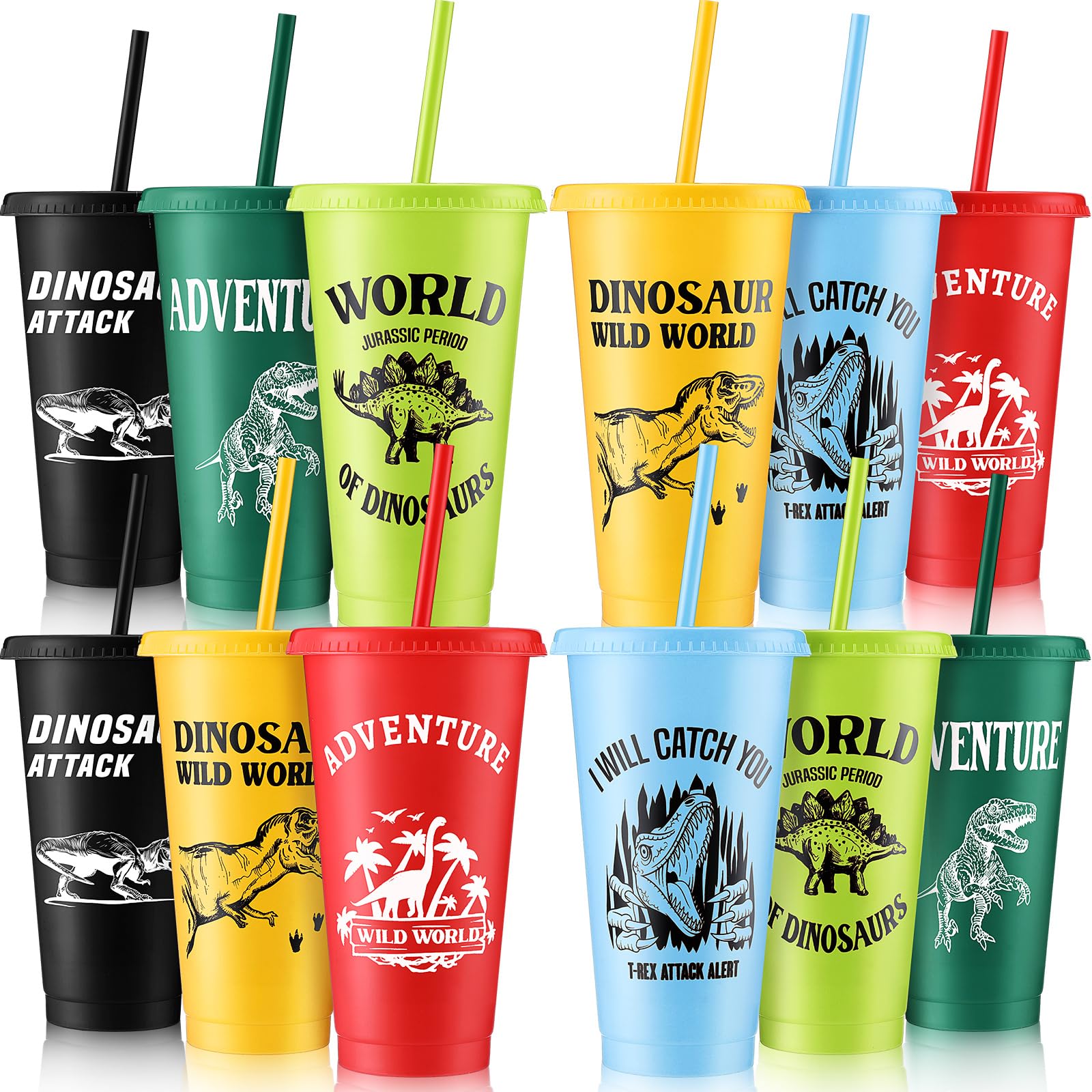Dinosaur Party Cups Set - 12 Pack 24oz Reusable Plastic Cups with Lids & Straws for Kids, Dino Themed Birthday Party Supplies, Beverage Drinkware - Colorful (Perfect for Birthday Parties, Baby Showers & Jurassic Theme Events)