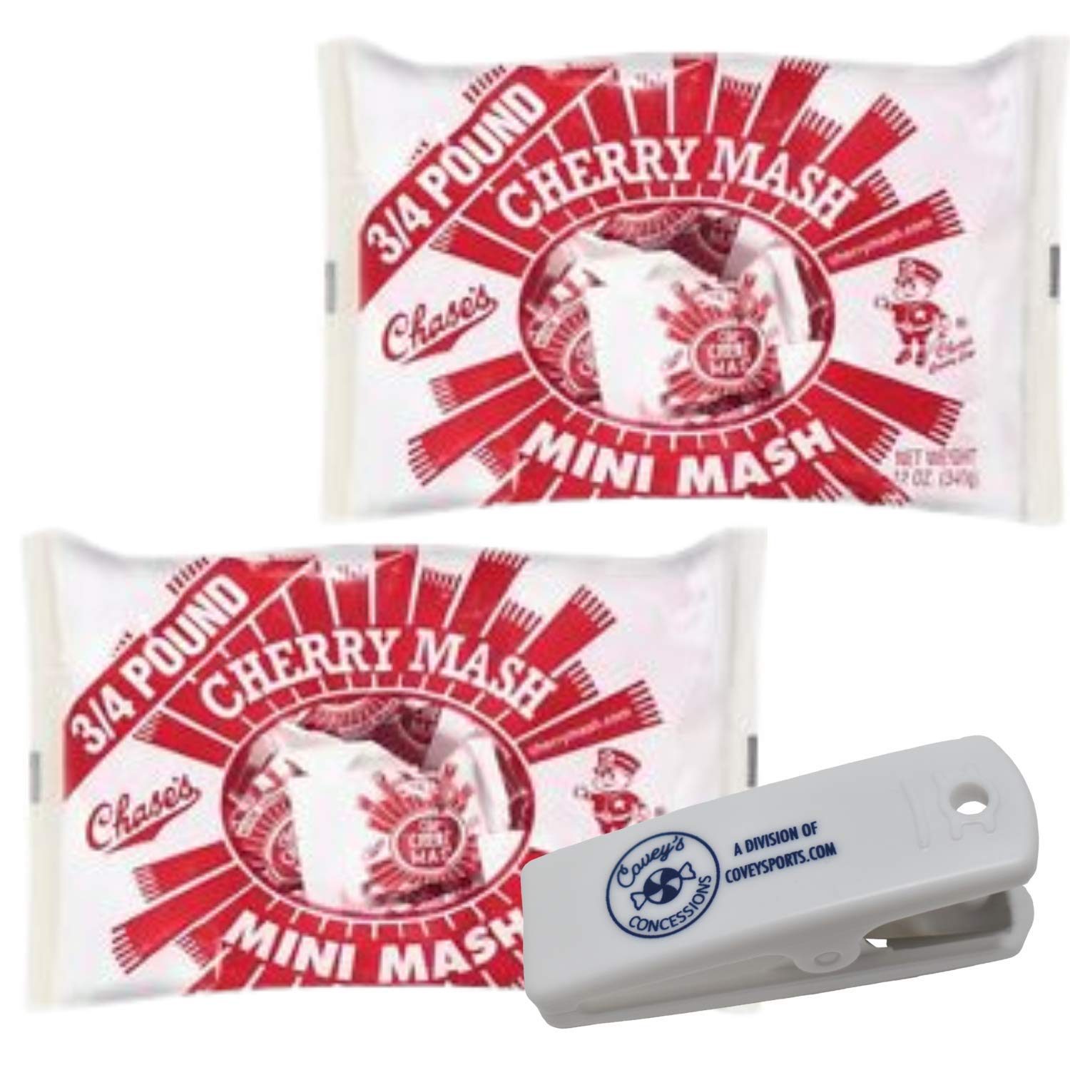 Chase's Cherry Mash Candy Bar Mini-Mash Original - 12 oz Bags (Pack of 2) - Chocolate & Peanut Covered Cherry Candies with Covey's Concessions Snack Bag Clip | Perfect for Halloween Treats, Party Favors, and Office Snacks