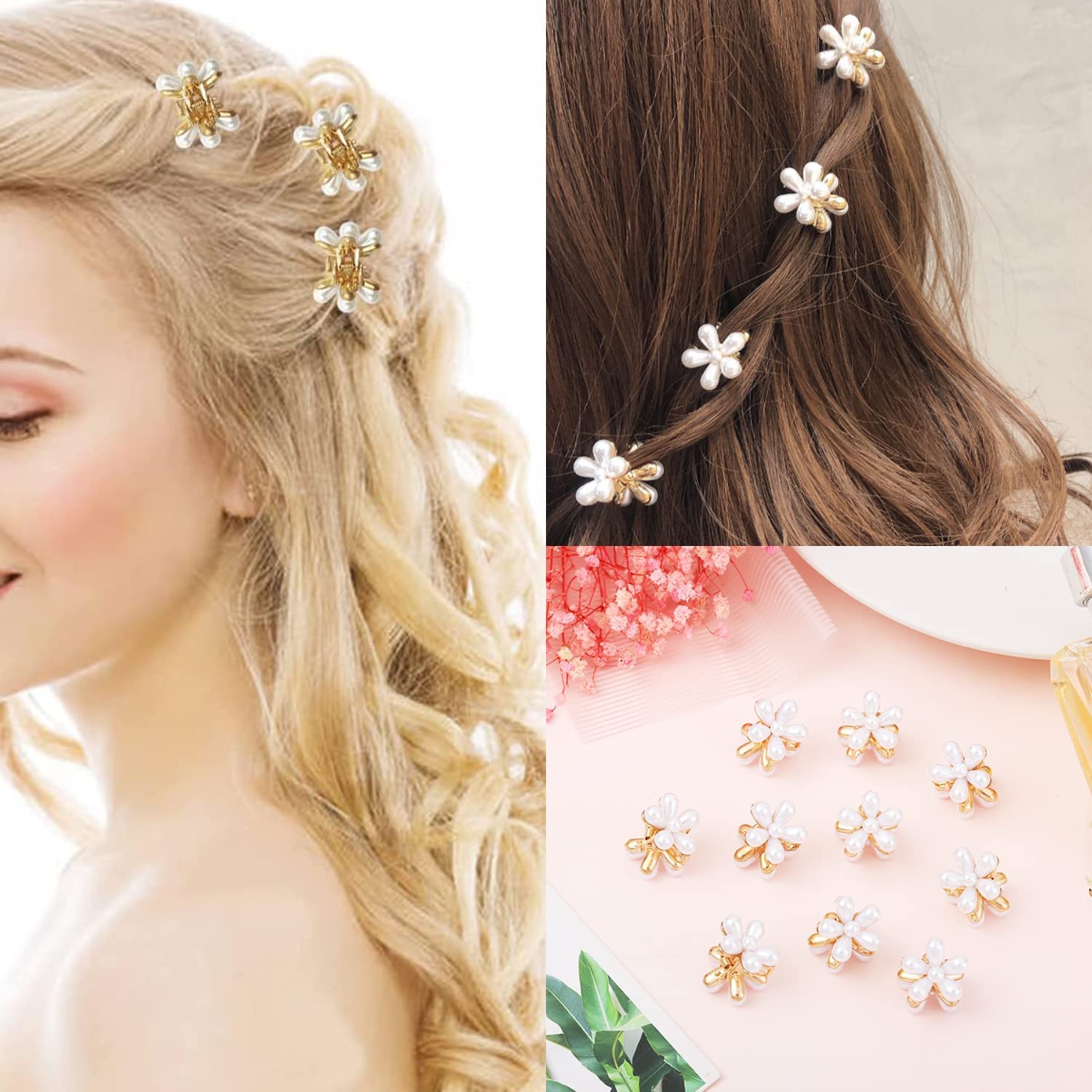 HAPPYMATES 10pcs Daisy Floral Metal Pearl Hair Clips - Mini Pearl Claw Clips, Sweet Artificial Flower Hair Clips for Women & Girls - Perfect for Weddings, Parties & Everyday Styling