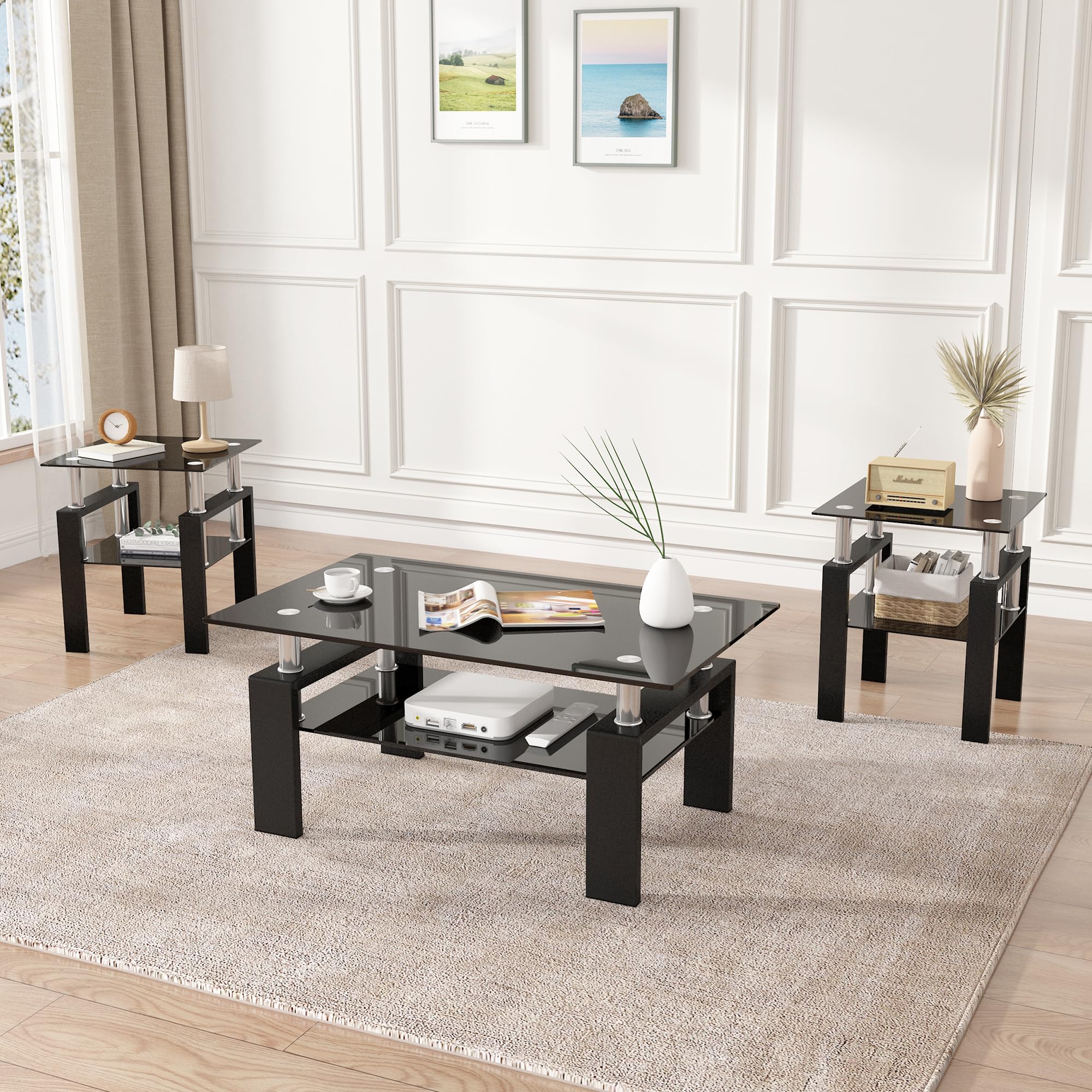 3-Piece Modern Glass Coffee Table Set with Tempered Glass Top & Sturdy Metal Legs - Black Glass & Black Frame - Living Room Table Set Includes Coffee Table and 2 End Tables - Perfect for Small Spaces, Apartments, Living Rooms and Bedroom Nightstands