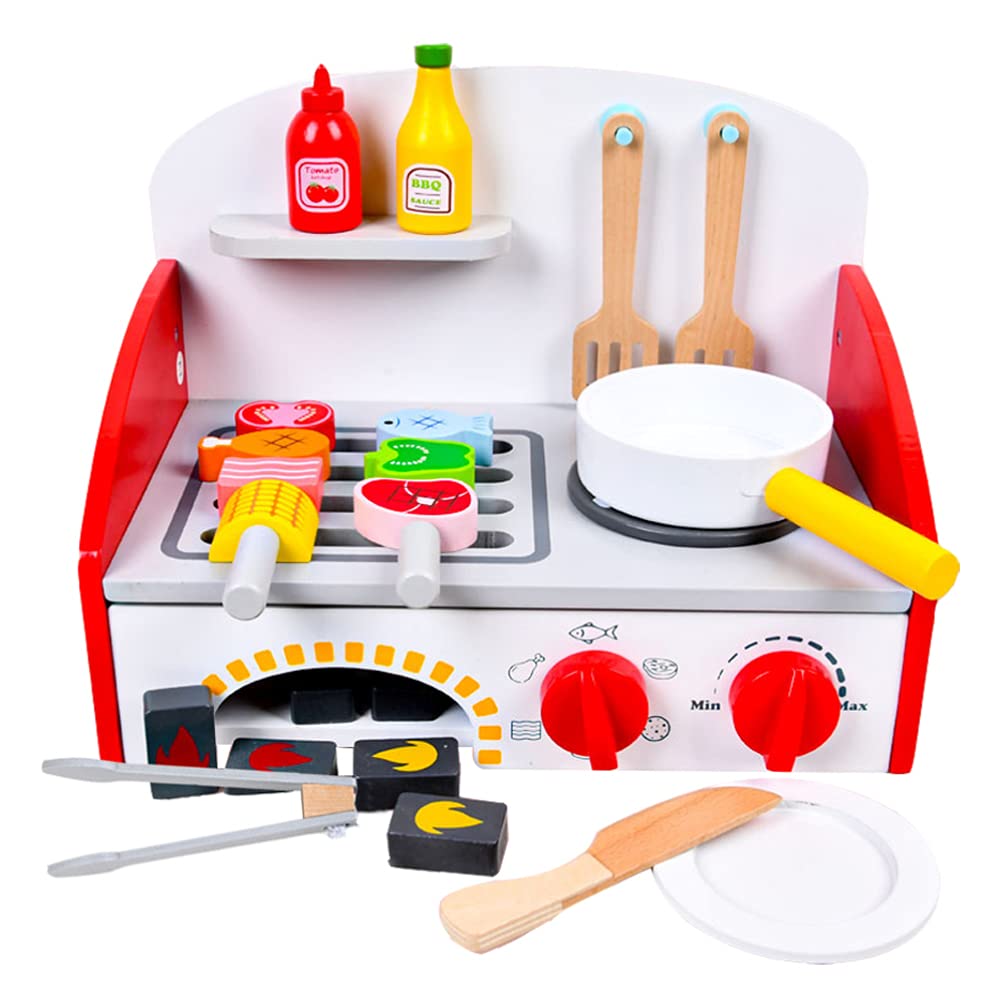 IMIKEYA 2-in-1 Wooden Kids Grill & Kitchen Playset - Pretend Play Cooking Toy for Toddlers (Red) - Perfect for Role Play, Birthday Gifts & Early Learning Development