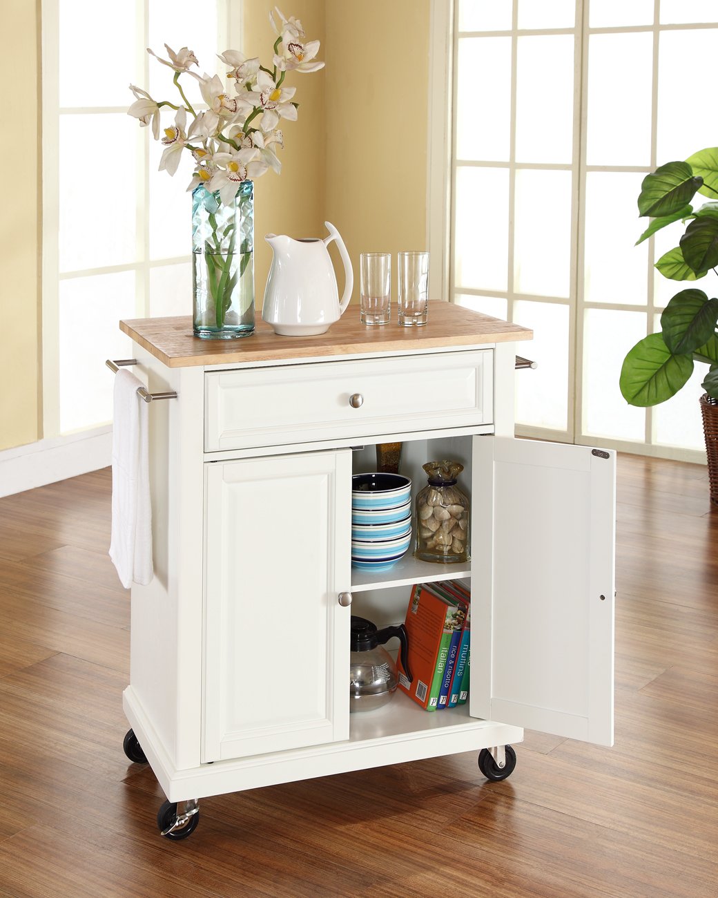 Crosley Compact Wood Top Rolling Cart with Shelves - White Microwave Stand with Towel Rack | Perfect for Kitchen, Bathroom, or Office Storage & Organization