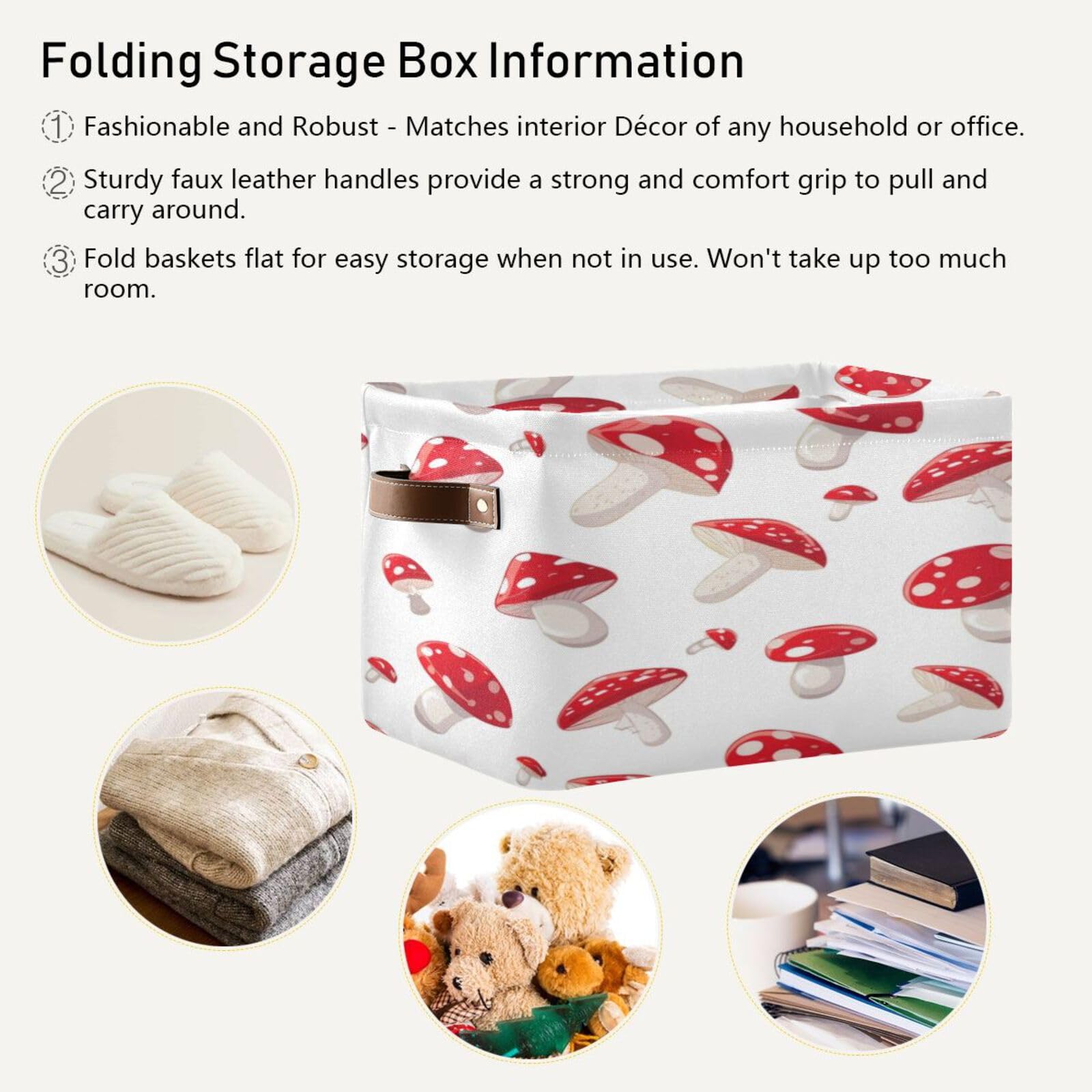 Large Fabric Storage Bins with Handles - Collapsible Closet Organizer Baskets for Shelves, Clothes & Toys | Decorative Mushroom Pattern Home Storage Solution for Bedroom, Nursery & Living Room Organization
