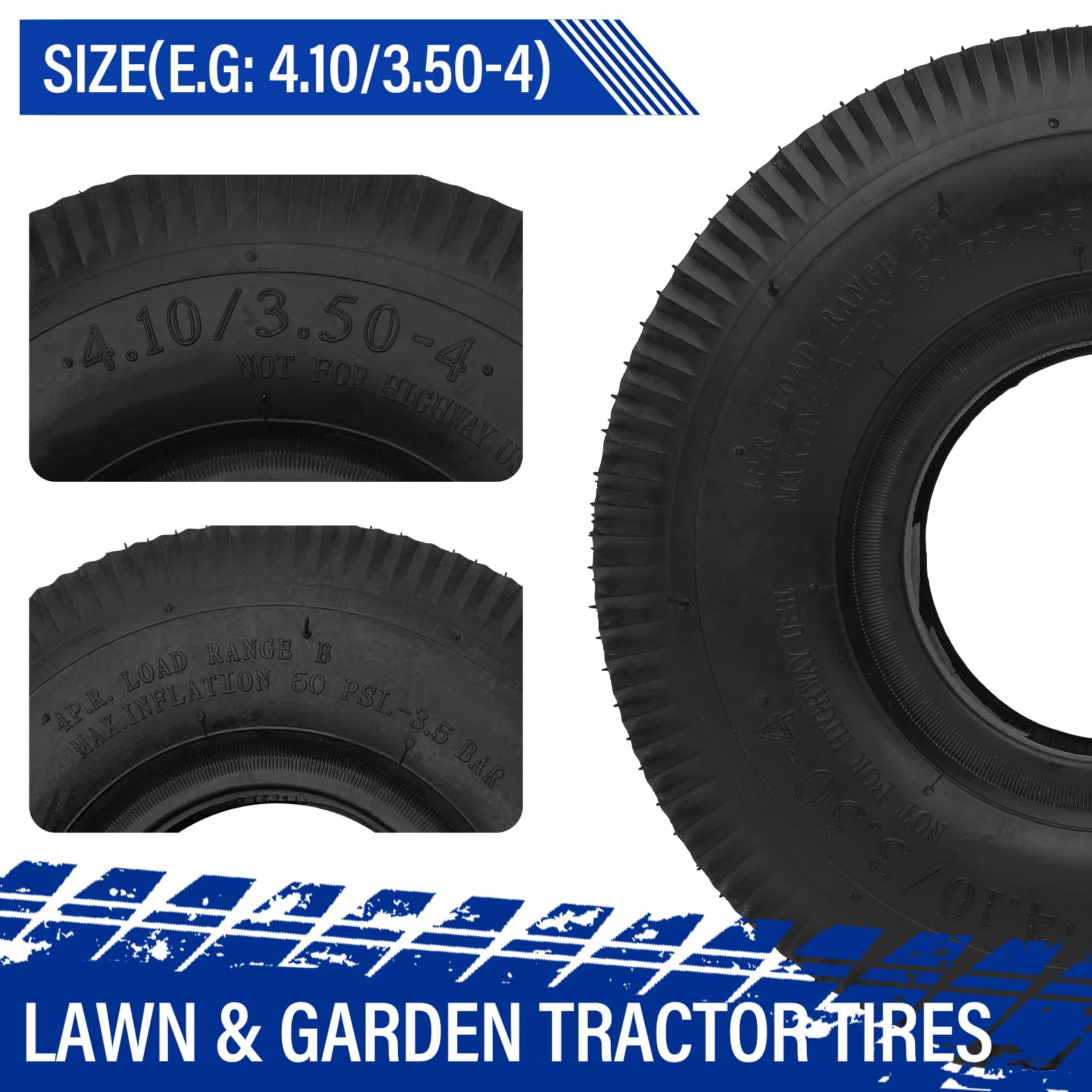 AutoForever 4.10/3.50-4 Turf Tires - Set of 2 (4PR) for Garden Lawn Mowers, Tractors & Golf Carts - Perfect for Landscaping, Yard Work & Golf Course Maintenance