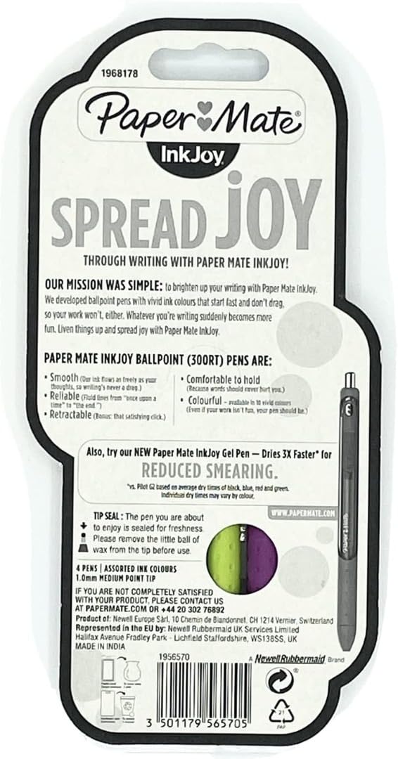 Paper Mate InkJoy 4-Pack Ballpoint Pens - Ultra Smooth Writing, Vibrant Colors (Magenta, Lime, Turquoise, Purple) - Perfect for Office, School & Creative Projects (1968178)