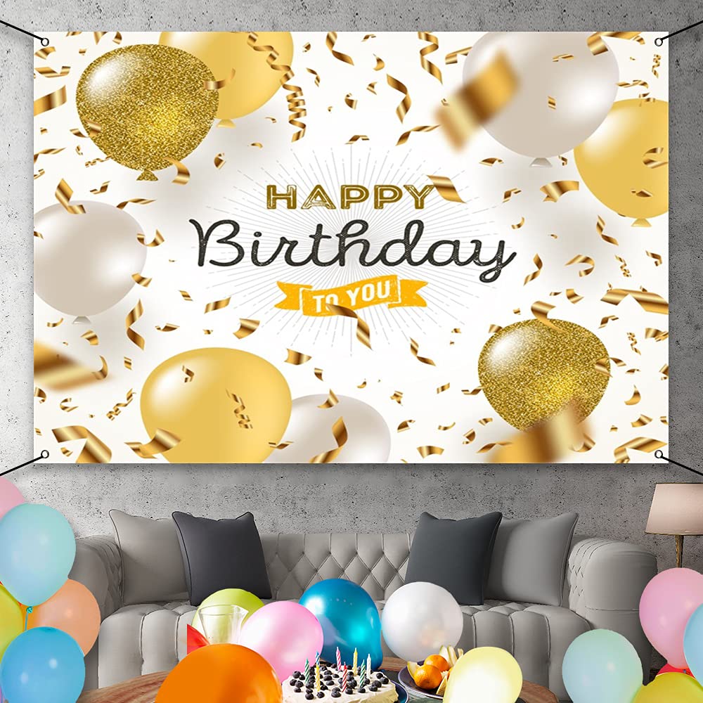CSFOTO 6x3.6ft Happy Birthday Banner with Balloons - White & Gold Party Decor for Women | Durable Polyester Backdrop for Birthday Photos | Perfect for Birthday Parties, Baby Showers & Celebrations