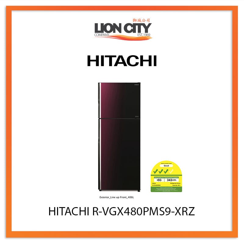 Hitachi 407L 2-Door Refrigerator R-VGX480PMS9 XRZ - Energy Efficient Fridge for Home, Kitchen, RV & Small Spaces