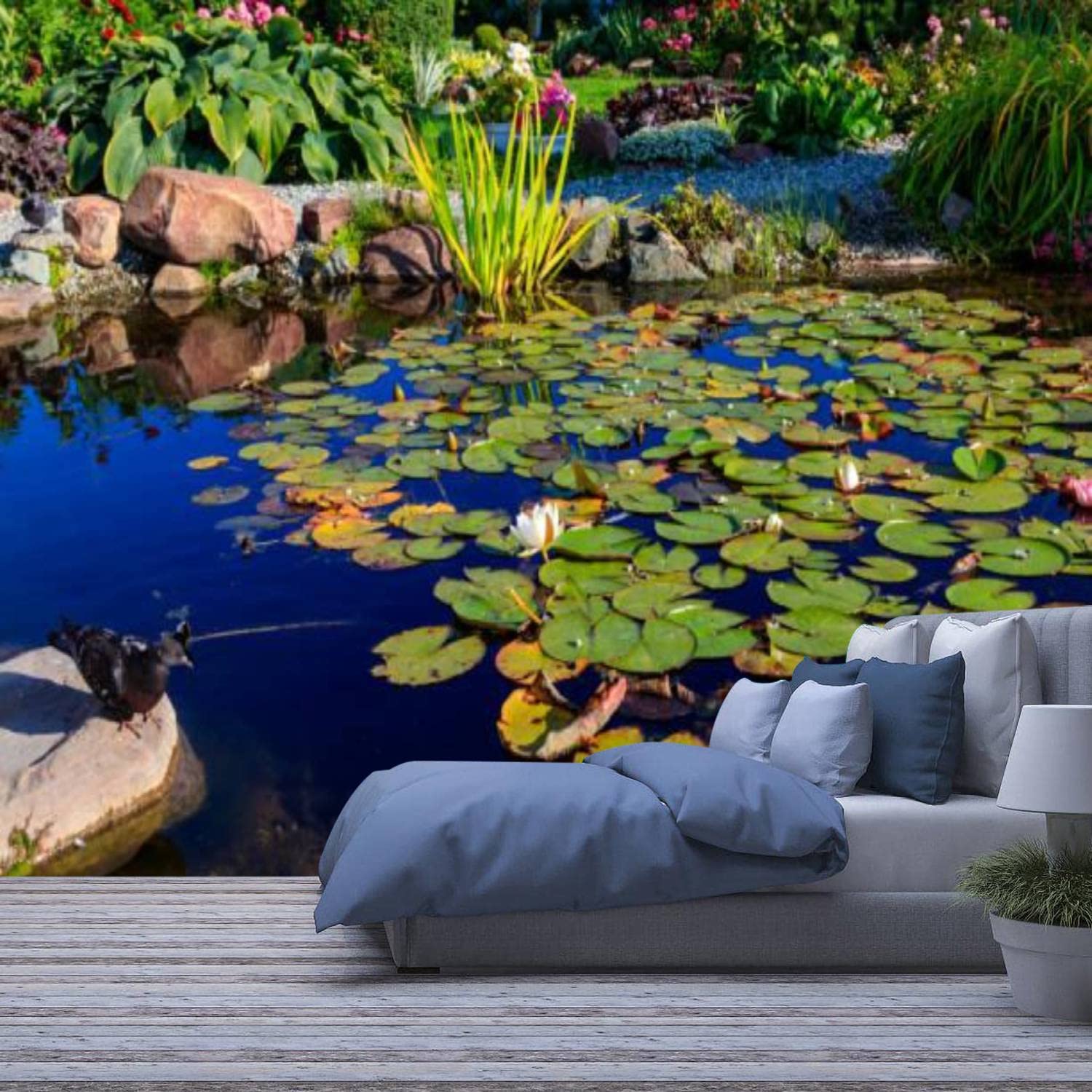 3D Removable Wallpaper - Self-Adhesive Beautiful Garden Pond with Blooming Water Lilies Wall Mural | Peel and Stick Wall Stickers for Living Room, Bedroom, Nursery & Office Decor | Perfect for Home Renovation, Accent Walls & Rental Spaces