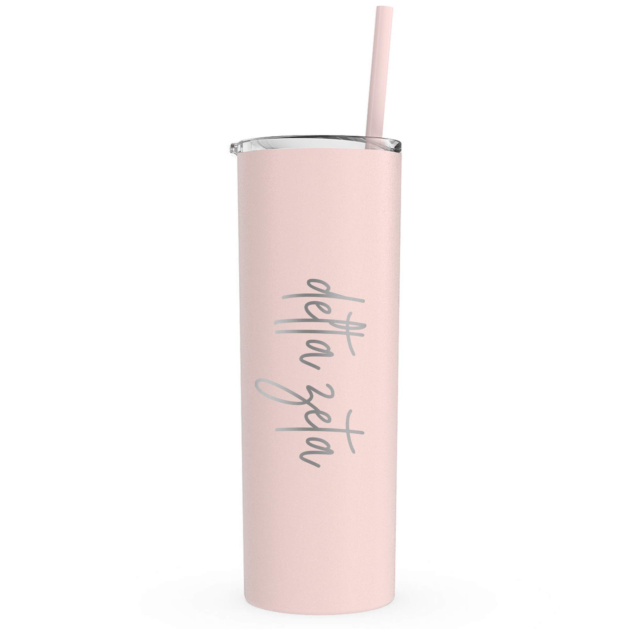 Go Greek Chic Delta Zeta Laser Engraved Skinny Tumbler with Straw (Blush) - 20oz Insulated Stainless Steel Cup for Sorority Sisters, College Students, Greek Life Events - Perfect for Parties, Study Sessions & Campus Life