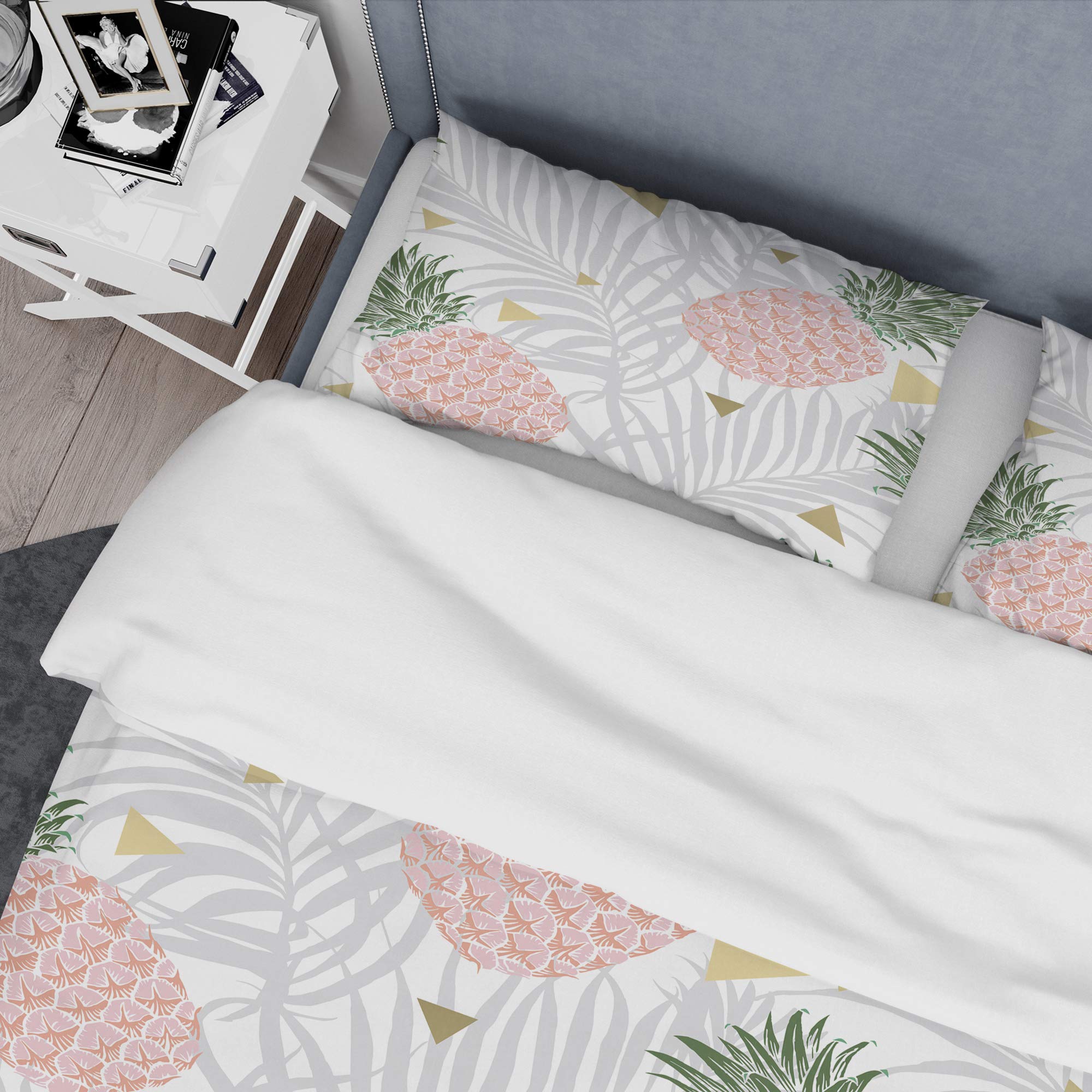 DesignQ Pineapple on Tropical Leaves Mid-Century Modern Duvet Cover Set - King Size 3-Piece Bedding Set in Pink, All-Season Comfort for Master Bedroom & Guest Room Decor
