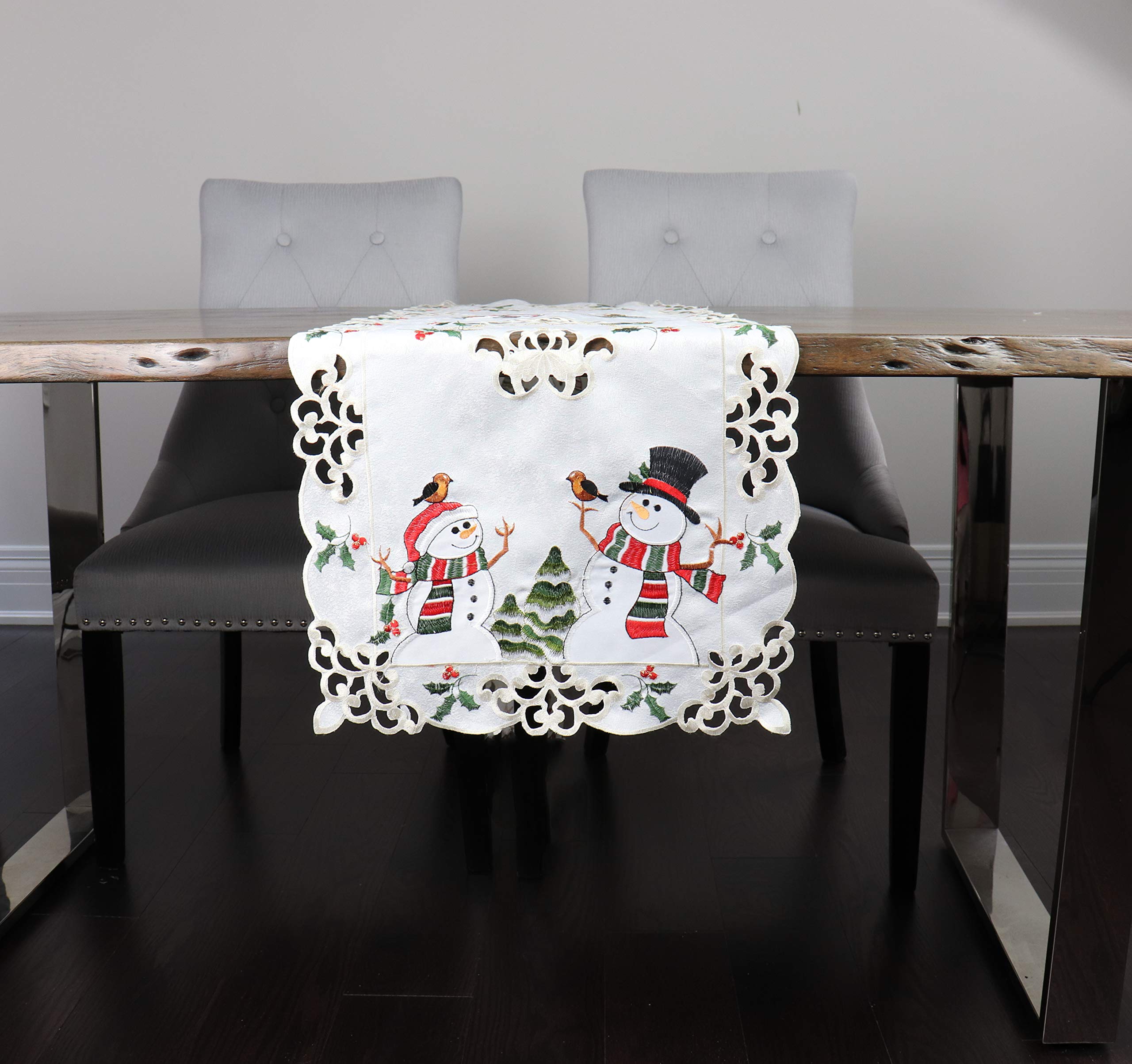 Vintage Embroidered Cutwork Table Runner & Dresser Scarf - 16x90 Inch Elegant Kitchen Dining Decor with Christmas Snowman Design - Perfect for Holiday Tablescapes, Buffet Servings and Dresser Decorations