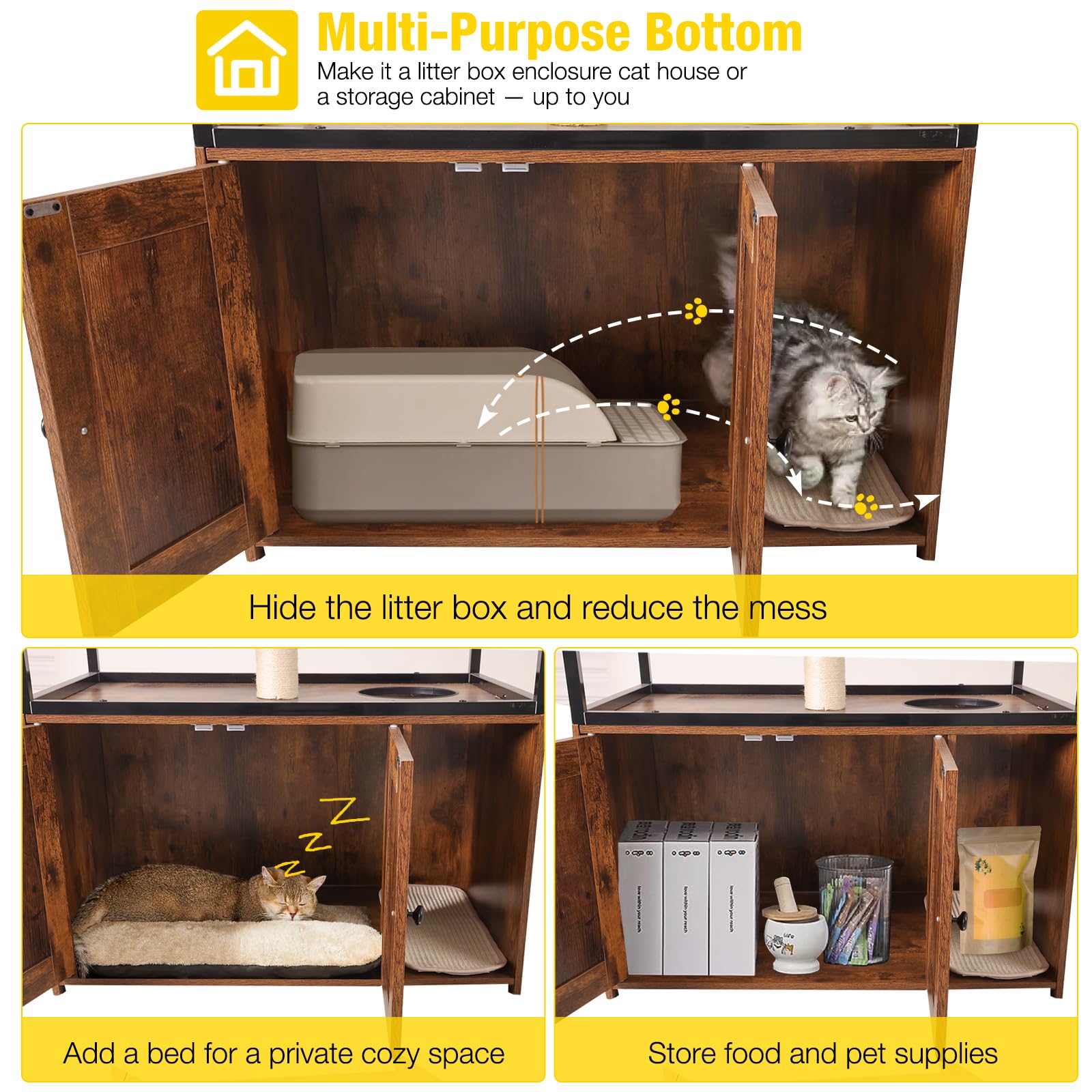 Aivituvin Wooden Cat Litter Box Enclosure Furniture - Hidden Indoor Cat Washroom with Condo, Hammock, Scratching Mat & Storage Shelves | Stylish Pet Furniture for Small Spaces, Apartments & Home Decor