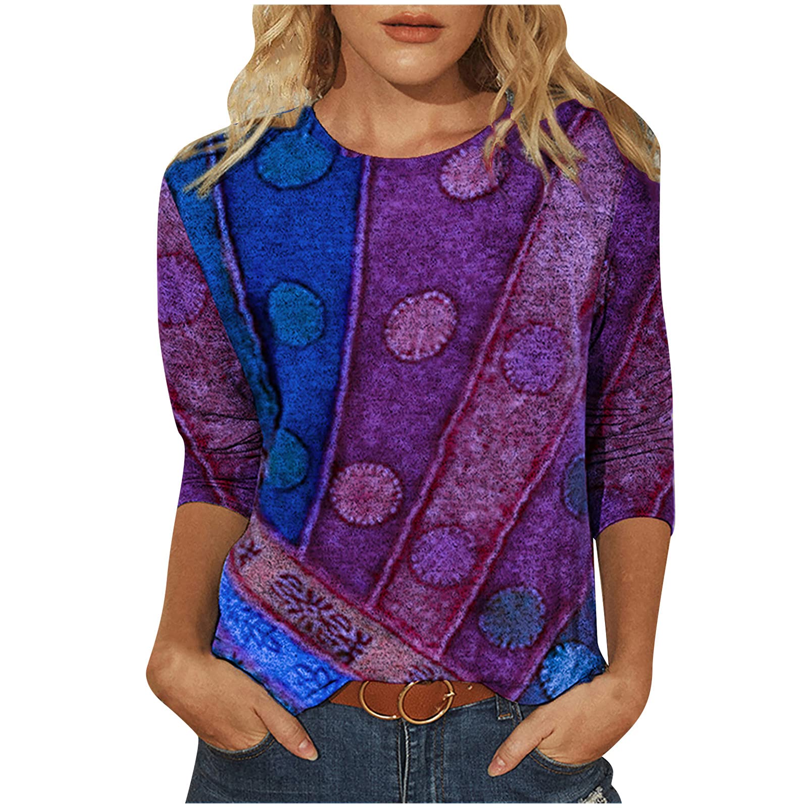 Vintage Polka Dot Long Sleeve Blouse for Women - Loose Fit Crewneck Graphic Tee Shirt - Western Style Fall Fashion Top for Casual Wear & Office Outfits