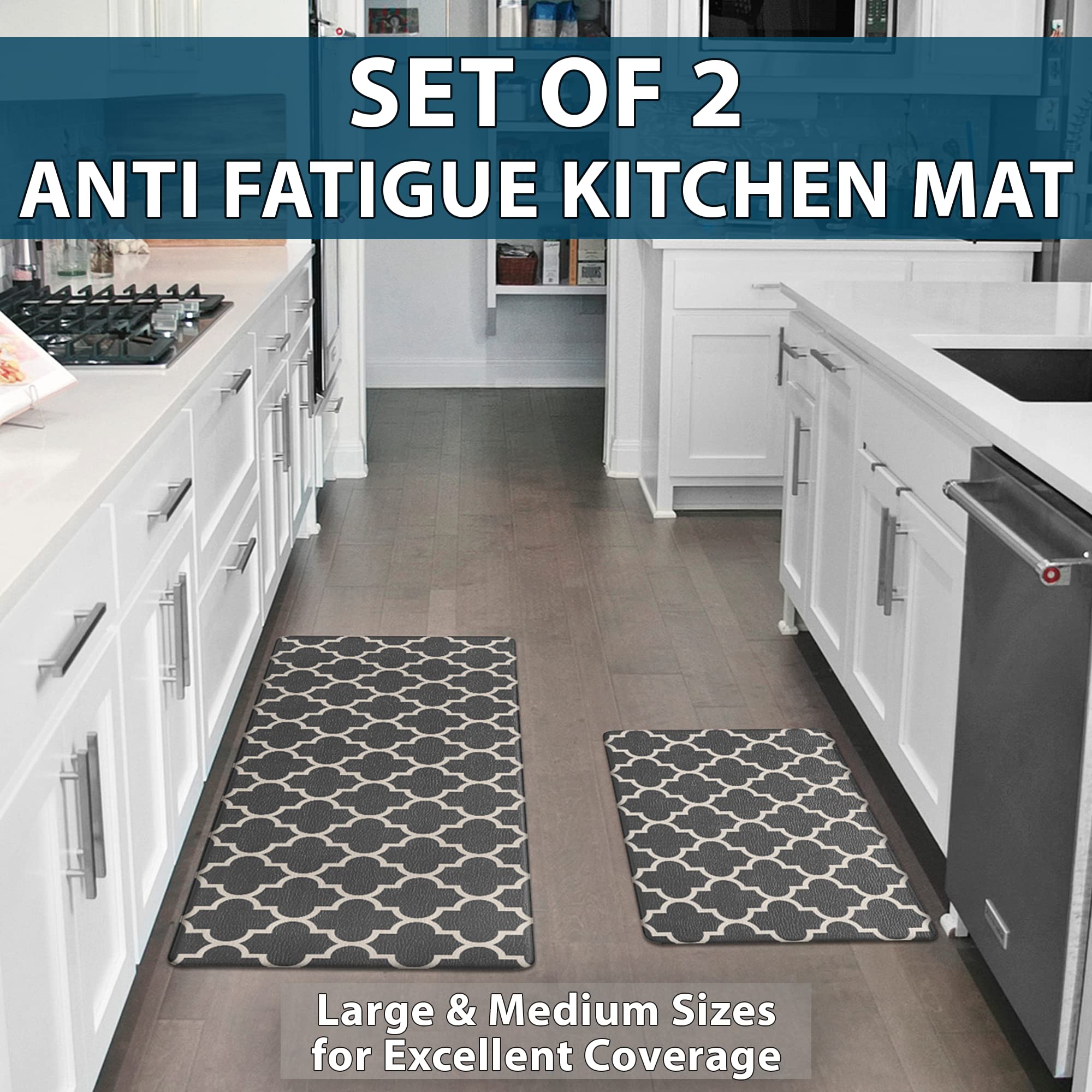 ComfiLife Anti-Fatigue Kitchen Floor Mats (2-Pack) - Thick Cushioned Non-Slip Waterproof Standing Mat for Home & Office - Easy Clean Kitchen Rug for Sink, Laundry & Cooking Areas - Perfect for Comfortable Standing While Cooking, Dishwashing & Food Prep (Gray)