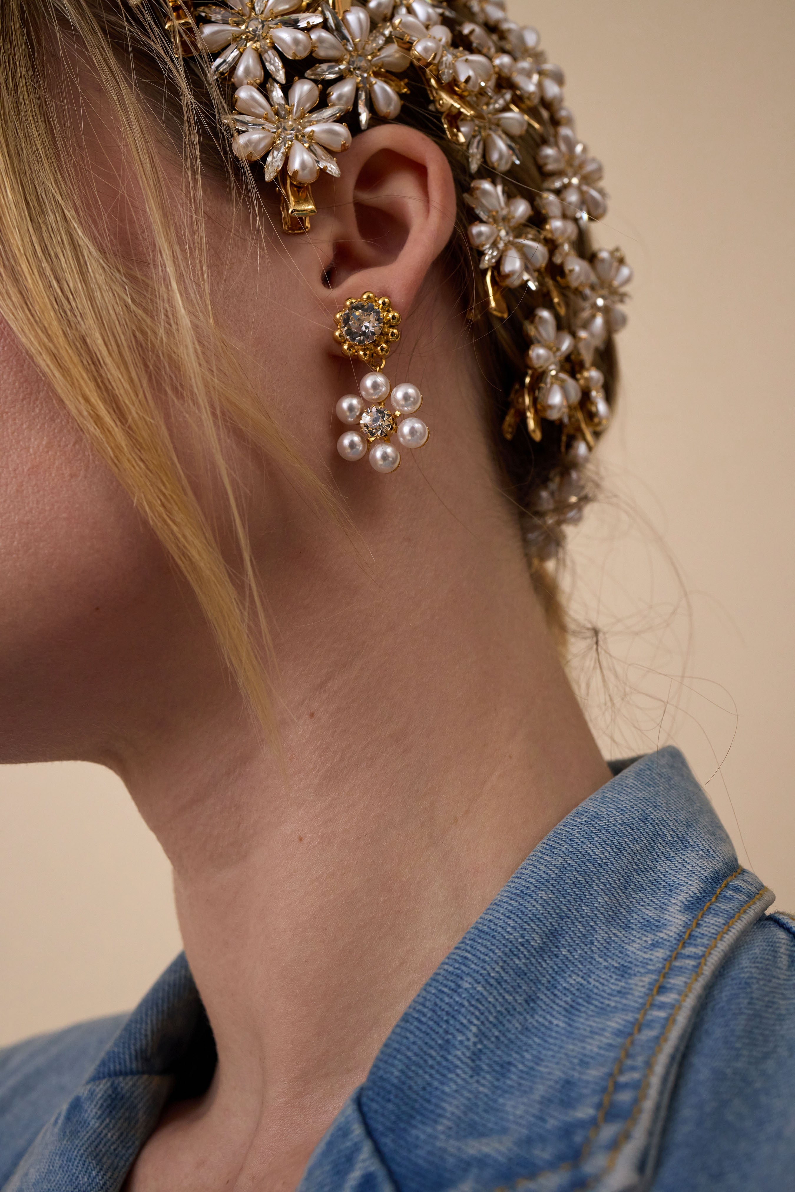 Hannah Floral Pearl and Crystal Drop Earrings for Women - Elegant Dangle Jewelry for Wedding, Party & Special Occasions
