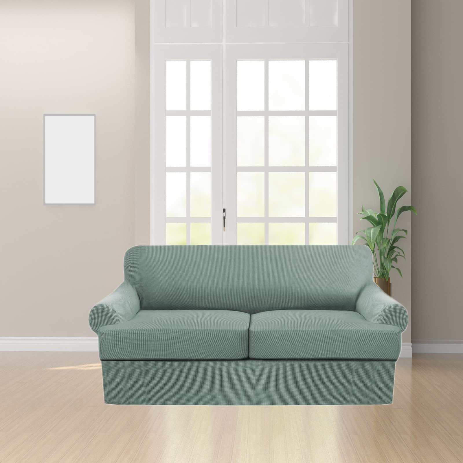 3-Piece Stretch T-Cushion Sofa Slipcover Set - Thick Washable Couch Cover Furniture Protector for 2-Cushion Loveseat (Green, X-Large) - Perfect for Living Room, Family Room & Home Decor Protection