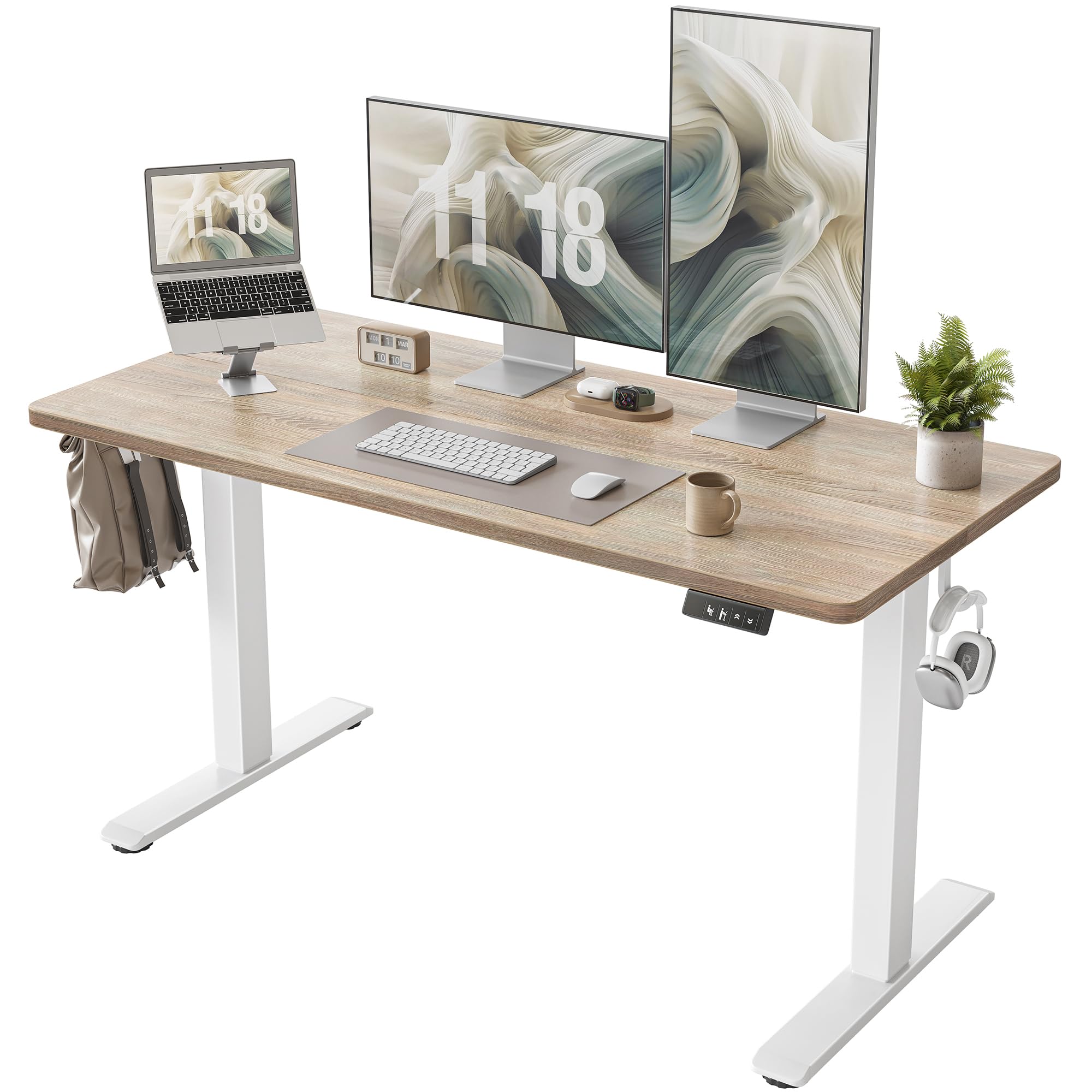 TIQLAB 55 x 24 Inch Electric Height Adjustable Standing Desk - Sit to Stand Home Office Desk with Splice Board, White Frame & Maple Top - Perfect for Remote Work, Gaming & Ergonomic Workspaces
