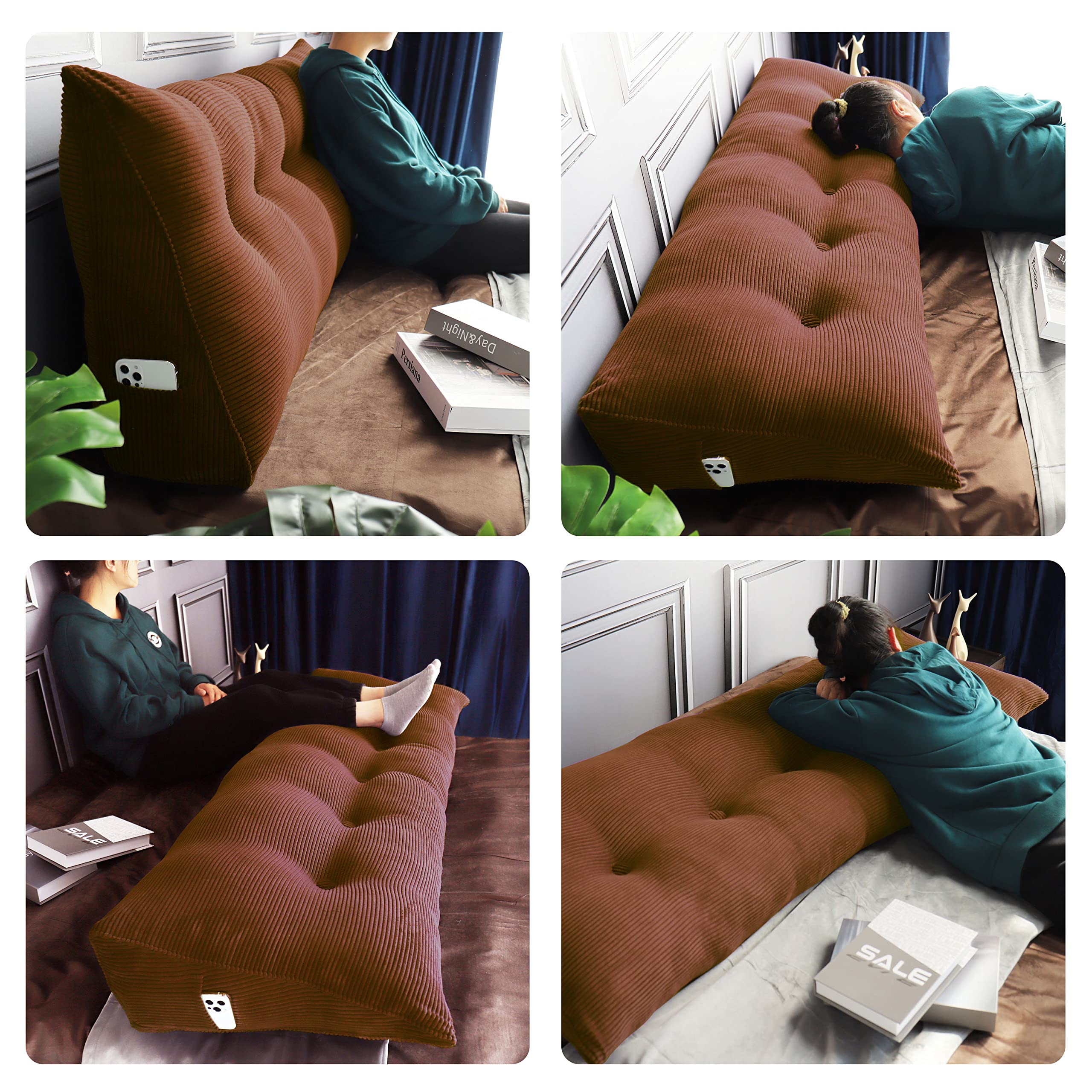WOWMAX Large Triangular Sofa Cushion - Back Support Pillow with Removable Cover (70x8x20in) for Reading & Relaxing