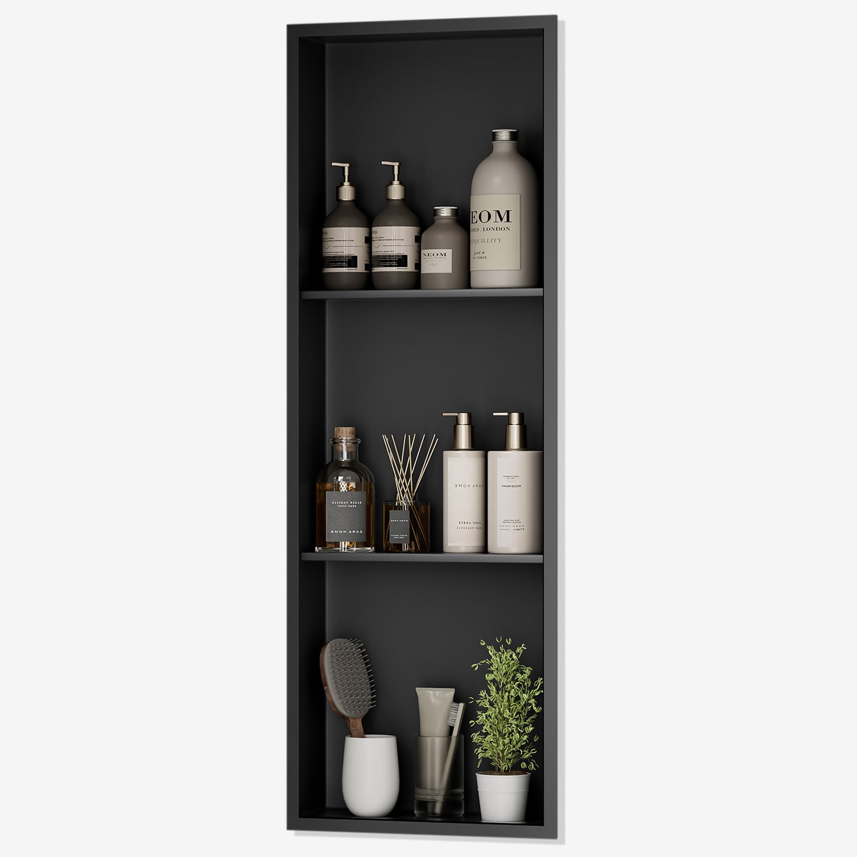SUPERFLO 36x12 Inch Matte Black Stainless Steel Shower Niche - No Tile Needed Over Mount Wall Shelf with Partitions for Bathroom & Bedroom Storage | Waterproof Shower Organizer for Shampoo, Soap & Bath Essentials