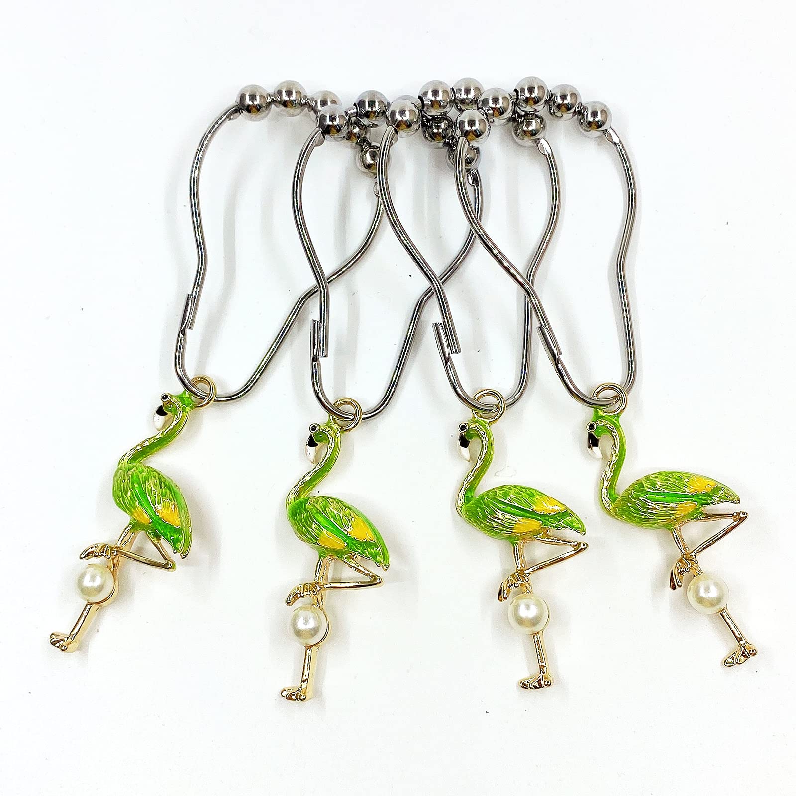 12 Pack Flamingo Shower Curtain Hooks - Stainless Steel Rustproof Bathroom Accessories with Fluorescent Green Finish | Perfect for Tropical Beach Themed Bathrooms, Kids' Rooms & Coastal Home Decor