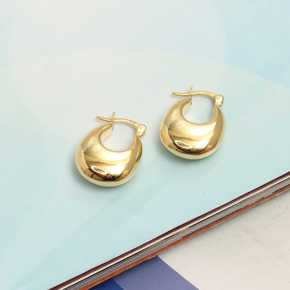 LeCalla 925 Sterling Silver Small Gold-Plated Hollow-Puff Shrimp Hoop Earrings for Women & Teens | Trendy Dainty Jewelry for Everyday Wear, Parties & Gifts