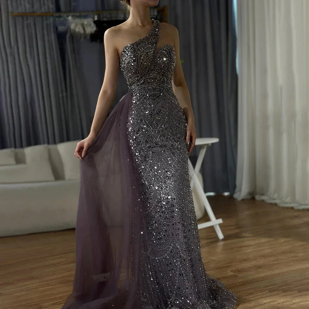 Elegant Dubai Purple One Shoulder Saudi Arabic Evening Gown with Beaded Side Overskirt - Formal Dress for Weddings, Galas & Special Occasions - LA72735
