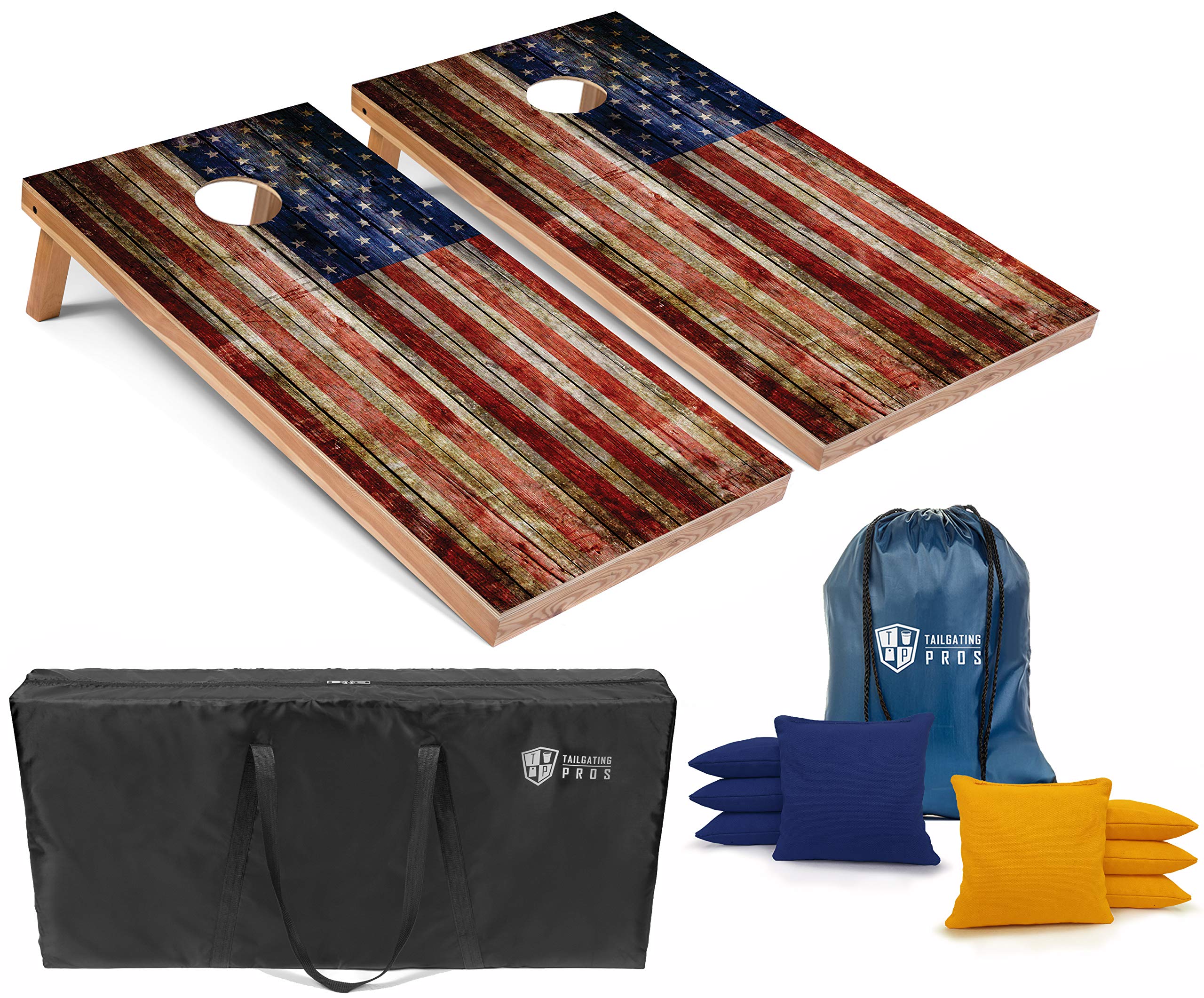 Premium American Flag Wooden Cornhole Board Set with 8 Bean Bags & Carrying Case - 4'x2' Regulation Size Cornhole Toss Game for Tailgating, Backyard Parties, BBQs, and Outdoor Events - Includes Ring Light for Night Play