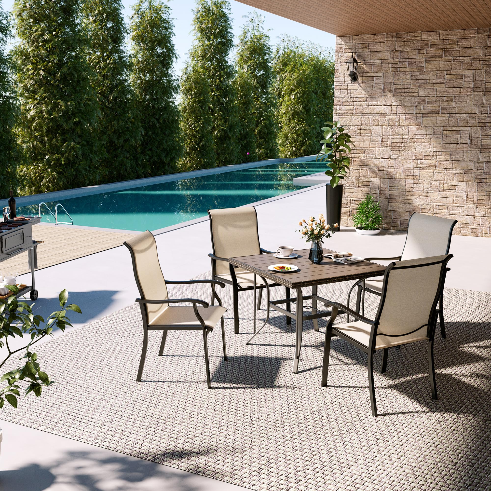 Pamapic 5-Piece Patio Dining Set - Outdoor Table and 4 Textilene Chairs for Garden, Backyard, Poolside & Deck - Durable Plastic-Wood Square Table Top in Beige - Perfect for Outdoor Entertaining, Family Gatherings & Relaxing by the Pool