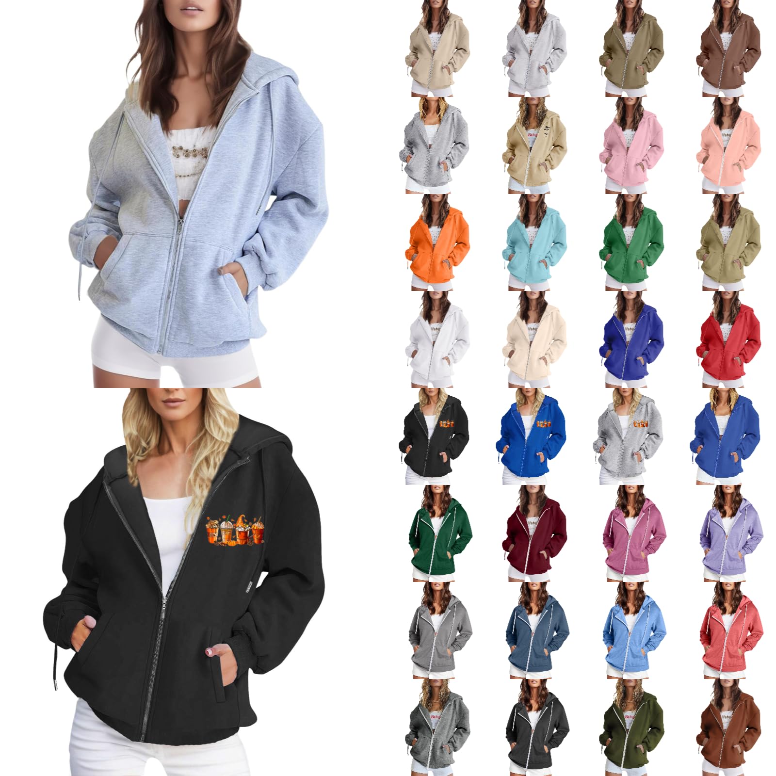 Women's Cute Oversized Y2K Print Hoodie with Pocket - Zip Up Drawstring Sweatshirt Jacket for Teen Girls | Fall Fashion, Casual Wear, Street Style & Loungewear