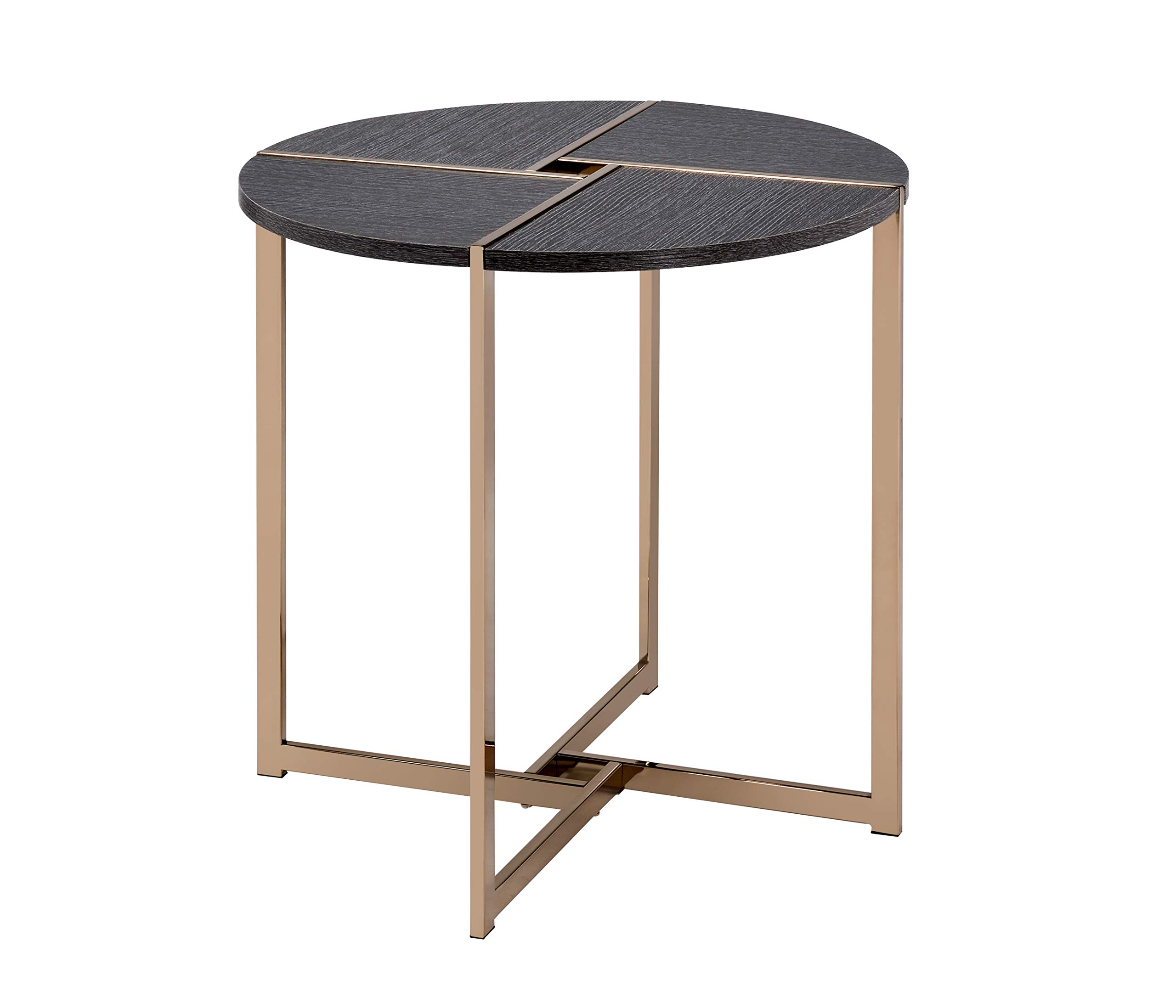 Benjara Modern End Table with X-Shaped Metal Base & Round Wooden Top - Gold & Gray Accent Table for Living Room, Bedroom, or Office Decor