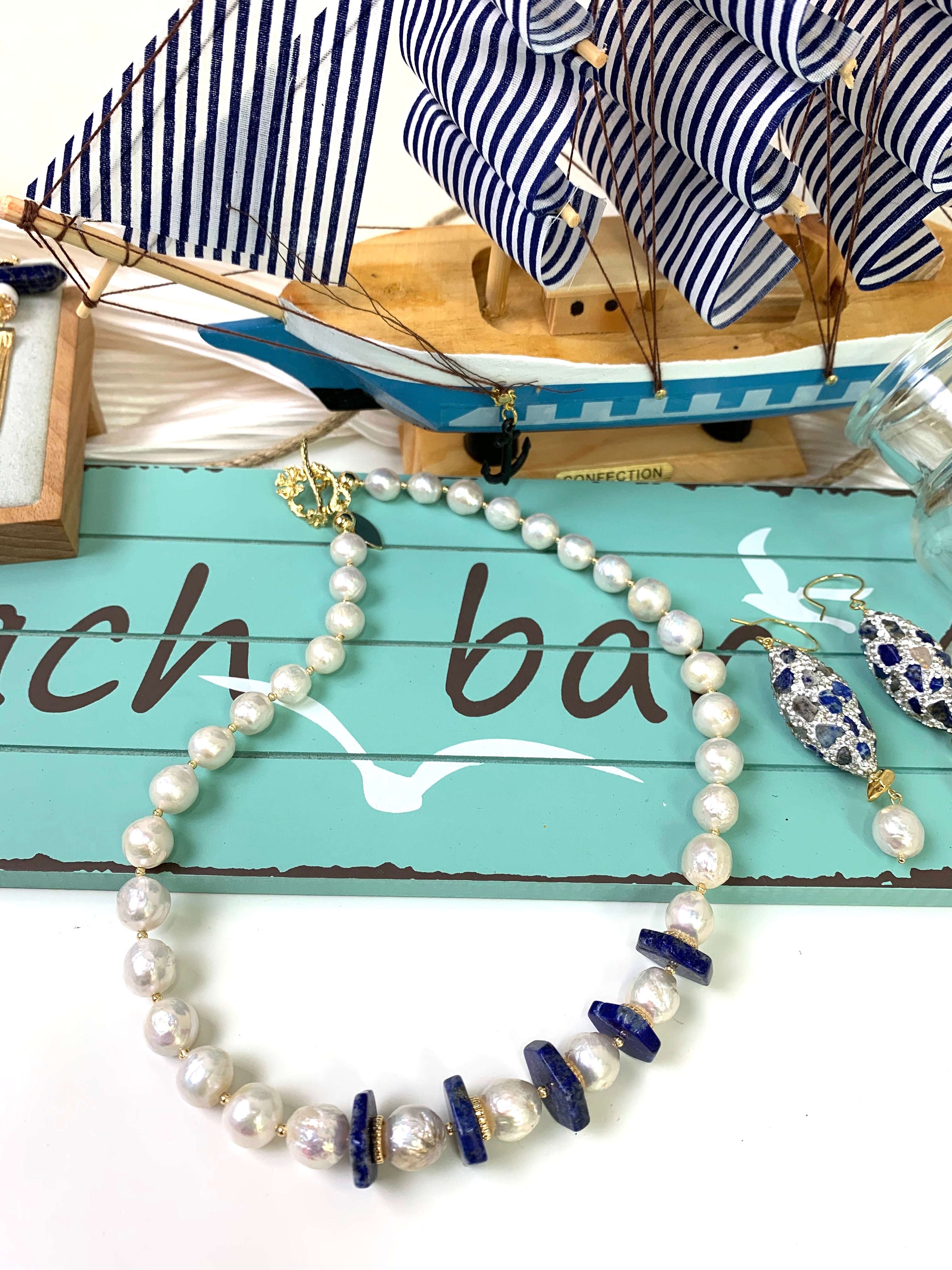 Elegant Freshwater Pearl & Lapis Lazuli Flat Cut Hexagon Short Necklace EN015 - Perfect for Weddings, Parties & Everyday Wear