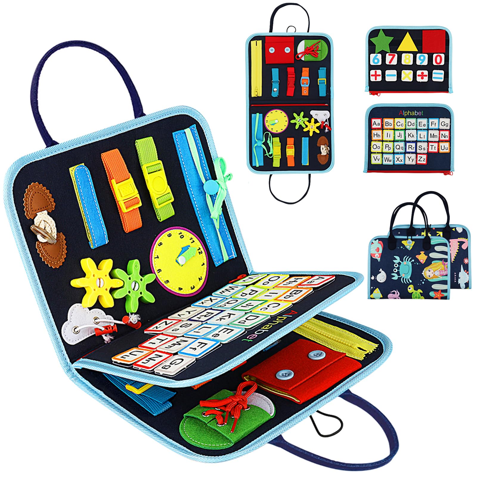 Montessori Busy Board for Toddlers 1-4 Years Old - Educational Sensory Toys for Boys & Girls, Fine Motor Skills Learning Activity, Travel Toys for Airplane & Car Rides (4 Pages) - Perfect for Preschool Learning & Long Trips