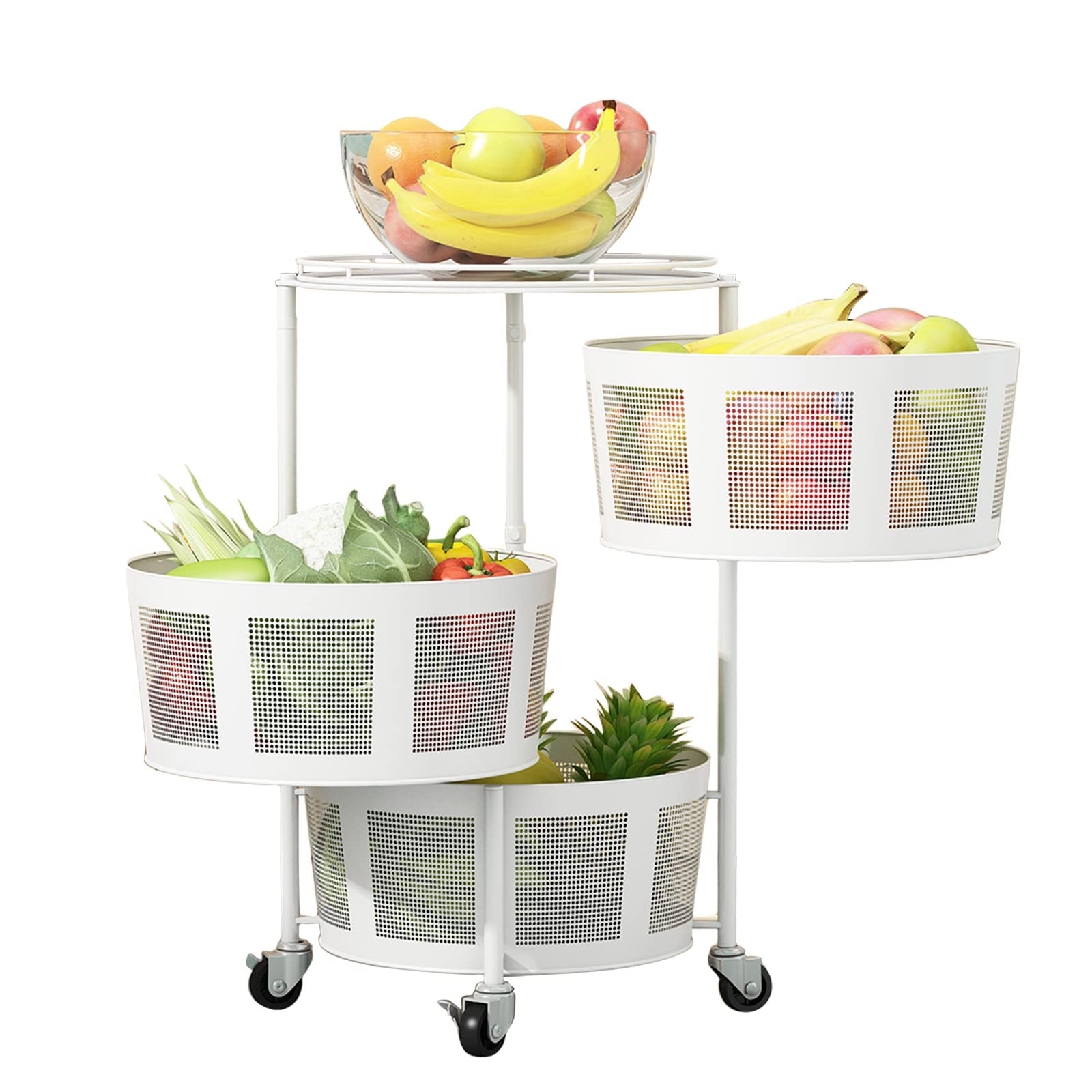 3-Tier Rotating Storage Rack with Wheels - Round Kitchen Organizer Shelf for Vegetables, Fruits & Household Items - Space-Saving Floor Standing Storage Basket for Kitchen, Living Room & Bathroom - White - Perfect for Small Spaces & Clutter-Free Organization