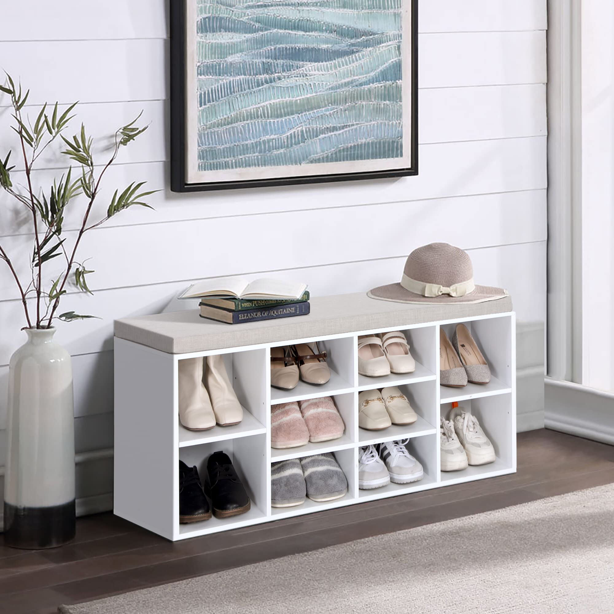 PHI VILLA White Shoe Storage Bench with Cushion - Entryway Shoe Organizer Cabinet for Living Room & Hallway - Space Saving Shoe Rack for Home Organization (Perfect for Small Spaces & Closet Storage)