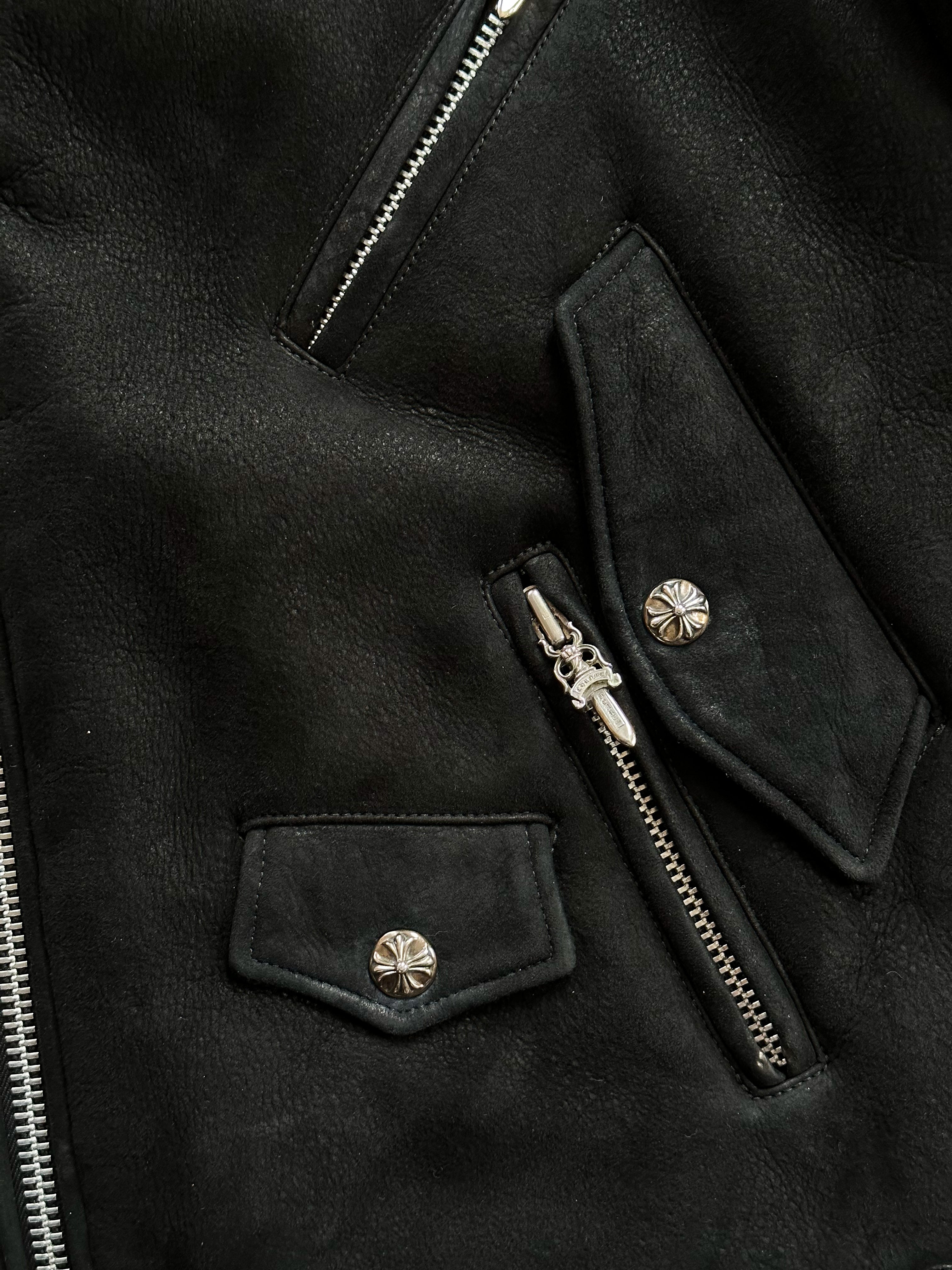 Chrome Hearts Black Shearling Biker Jacket for Men | Genuine Leather Motorcycle Jacket | Winter Fashion Outerwear for Riding & Street Style