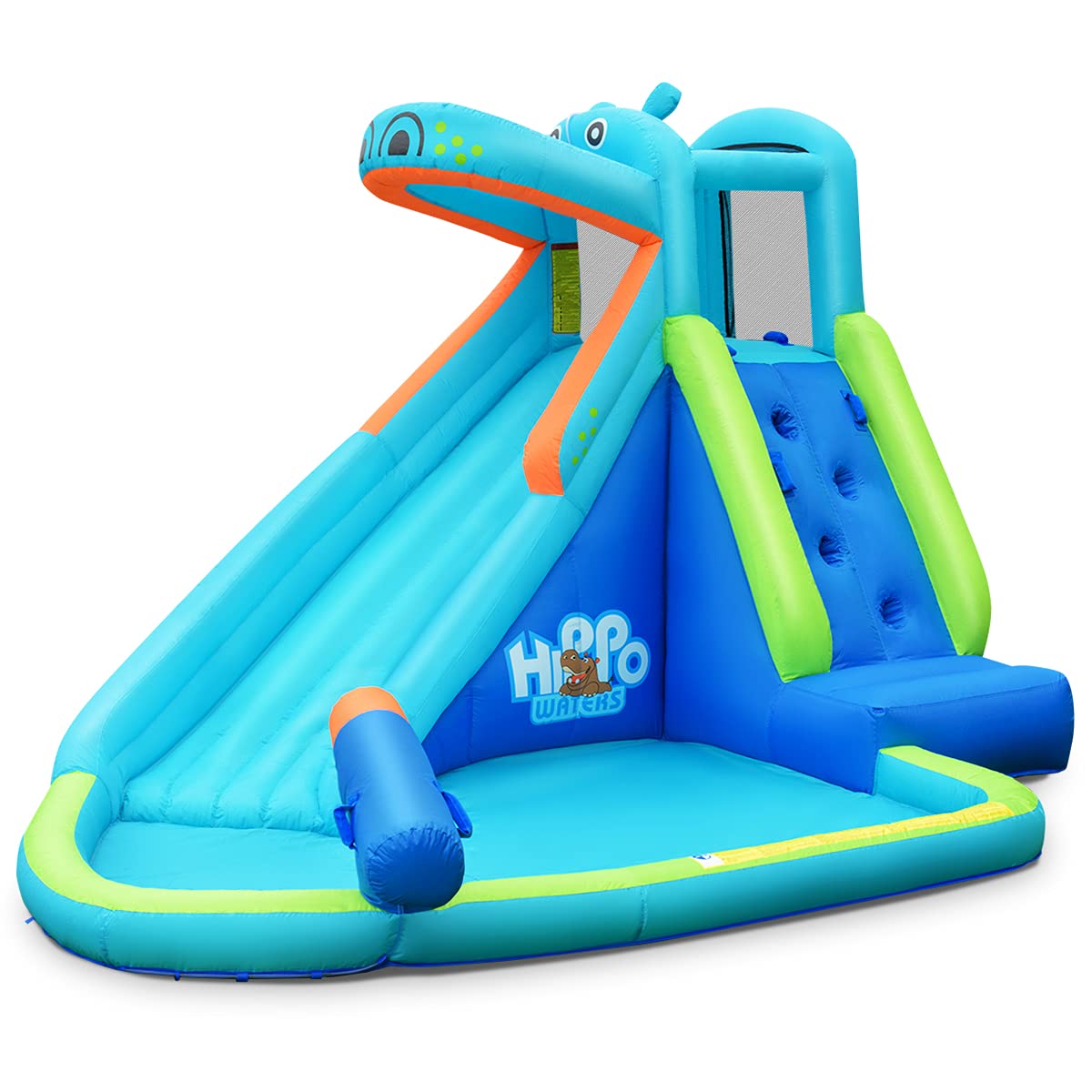 HONEY JOY Inflatable Water Slide - Hippo Theme Blow Up Bounce House with Climbing Wall for Backyard, Outdoor & Indoor Use - Kids and Adults Water Park Play Equipment (Blower Not Included) - Perfect for Summer Parties, Family Gatherings and Backyard Fun