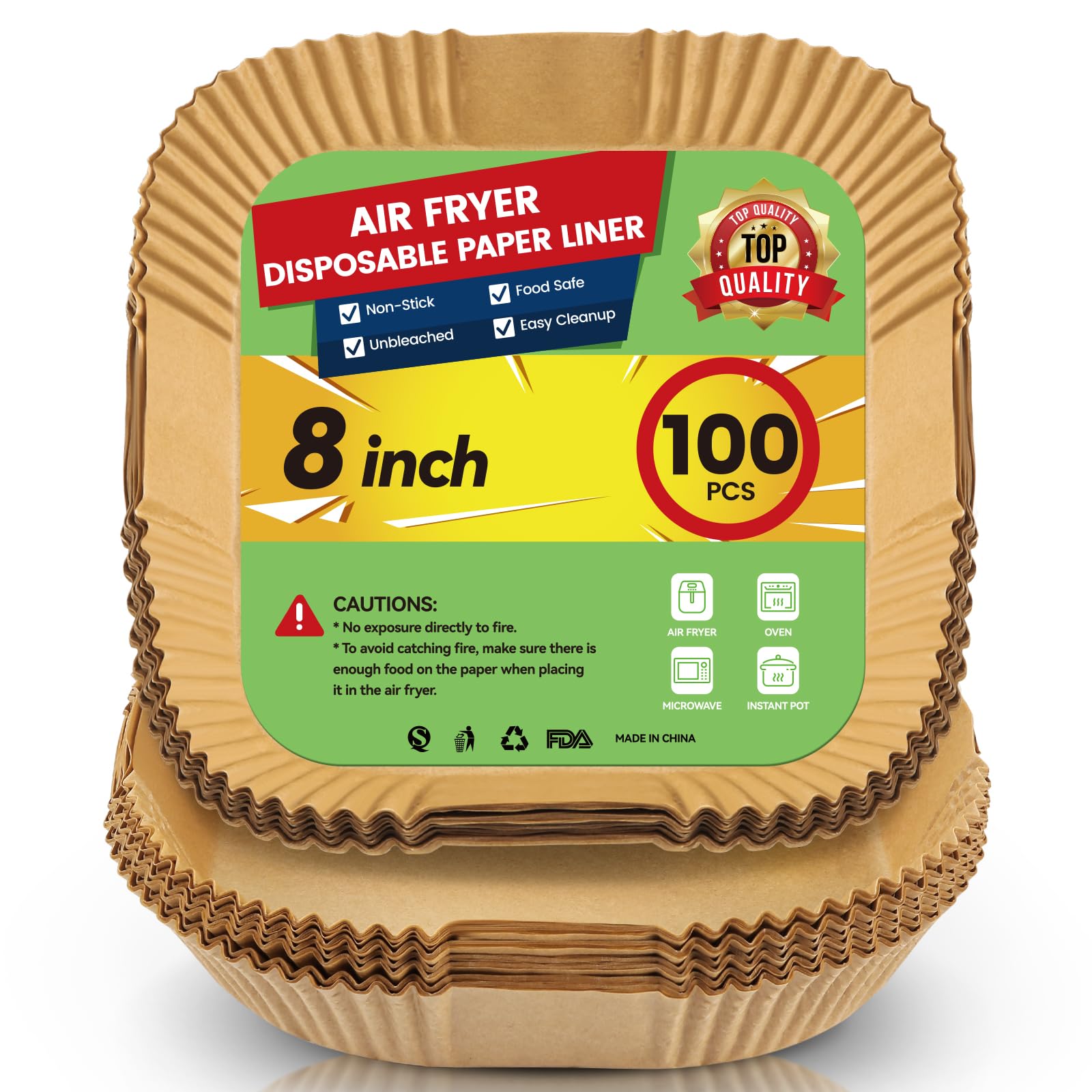 Upgraded 8-Inch Air Fryer Disposable Paper Liners - 100 Pcs Thickened Square Parchment Sheets for 5-8QT Air Fryers, Baking, Roasting | Reversible & Non-Stick | Perfect for Chicken Wings, French Fries & Healthy Cooking