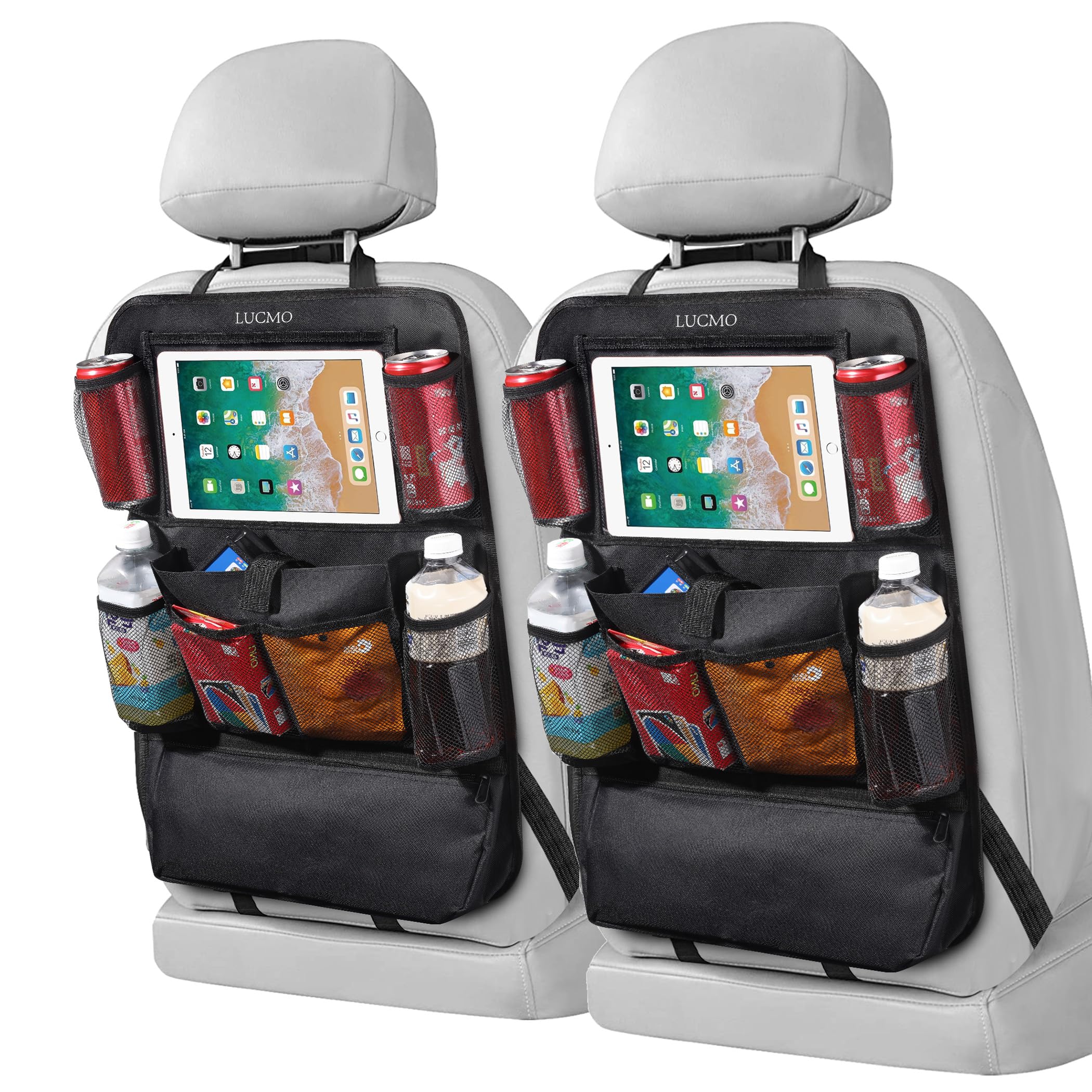 LUCMO 2-Pack Car Backseat Organizer with Tablet Holder - 9 Storage Pockets, Kick-Proof Protector & Travel Accessories for Kids (Black) - Perfect for Road Trips, Family Vacations & Daily Commutes