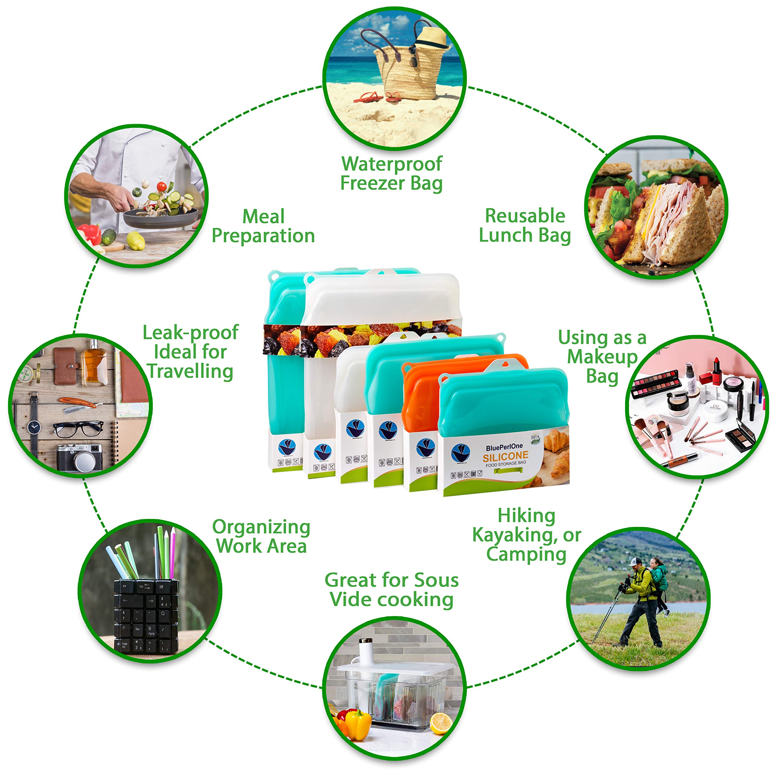 Eco-Friendly Reusable Silicone Food Storage Bags - 6 Pack Freezer Safe Bags (1/2 Gal, Large & Medium) with Bonus Cotton Mesh Bags - Perfect for Meal Prep, Freezing, Sous Vide & On-the-Go Snacks