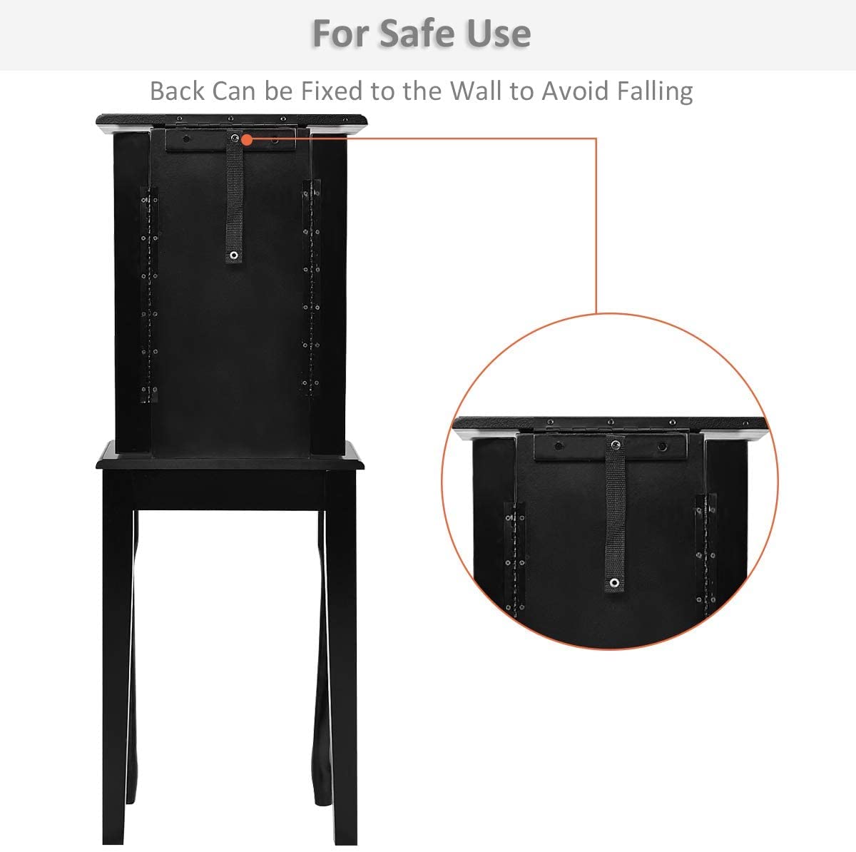**LUARANE Jewelry Cabinet Armoire - 4 Drawers, 8 Necklace Hooks & Flip Top Mirror - Free Standing Jewelry Storage Organizer with 2 Side Swing Doors - Black - Perfect for Bedroom, Closet, or Dressing Room Organization**