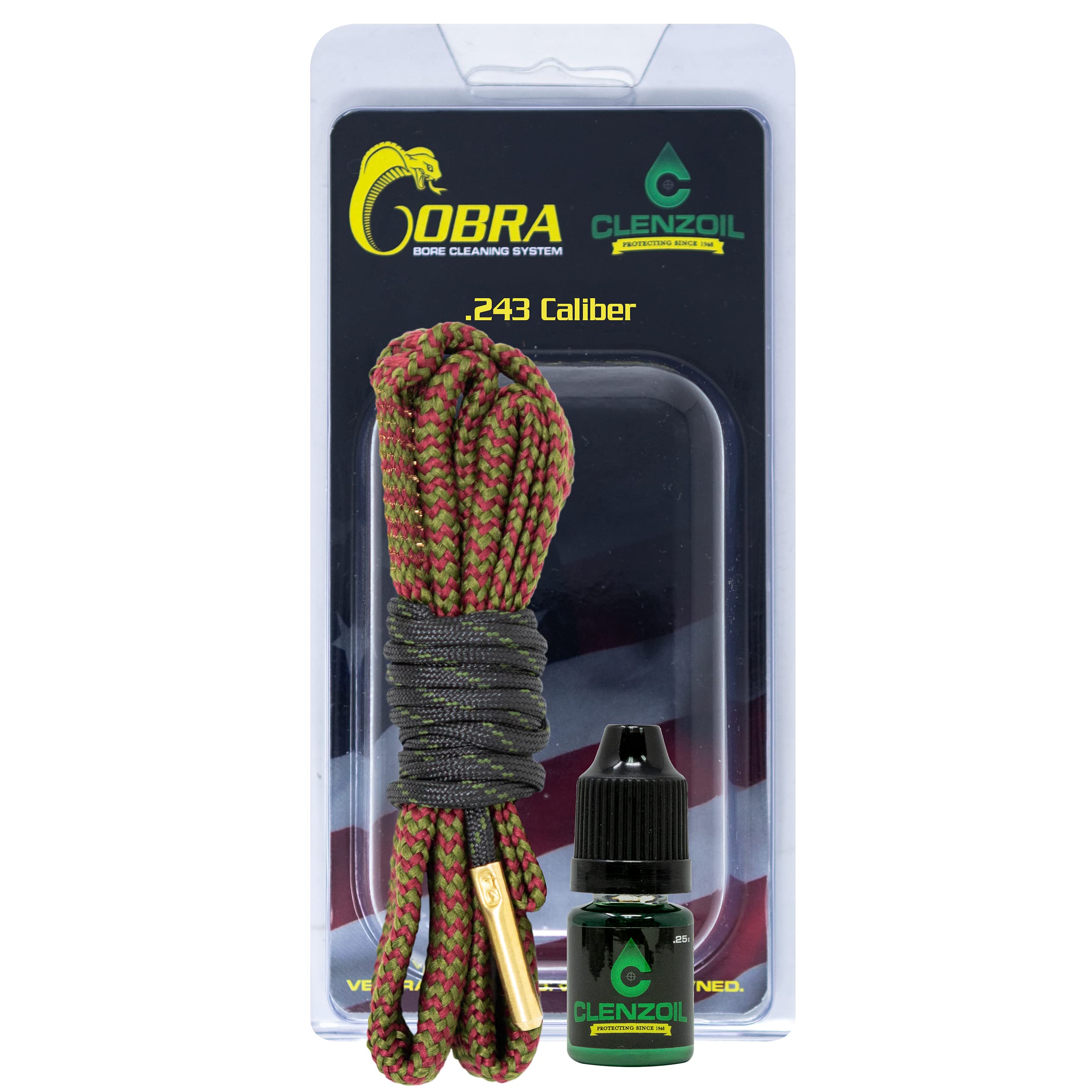 Clenzoil Cobra Bore Cleaning System - Efficient Gun Cleaning Kit for 6mm, 240, 243 & 244 Caliber Rifles - Includes CLP Bore Cleaner, Brass Brush & Cotton Rope - Easy Maintenance for Hunting, Shooting Range & Firearm Care