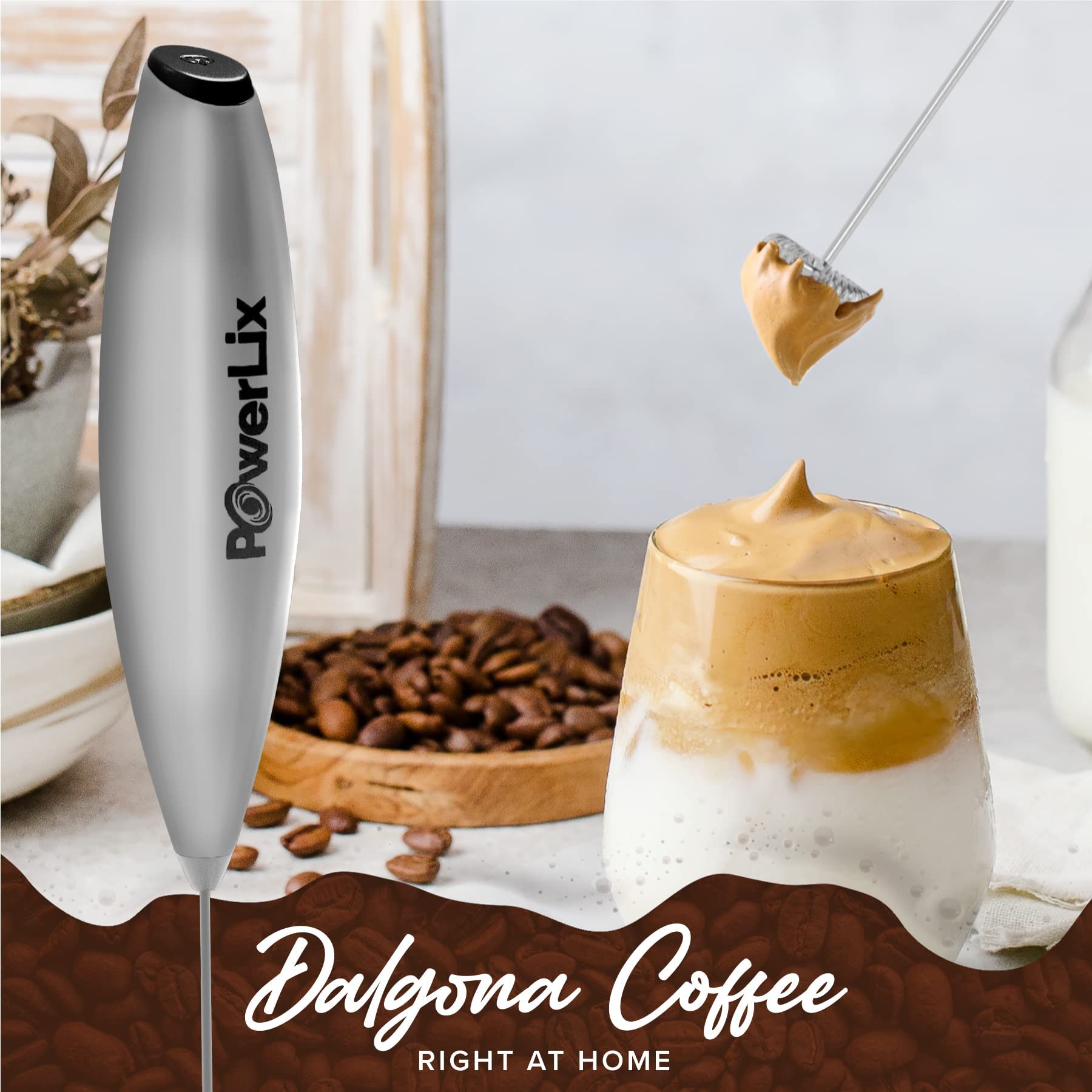 PowerLix Handheld Milk Frother - Battery Operated Foam Maker for Coffee, Latte & Cappuccino - Includes Stand (Black/Silver) - Perfect for Home, Office & Coffee Shops