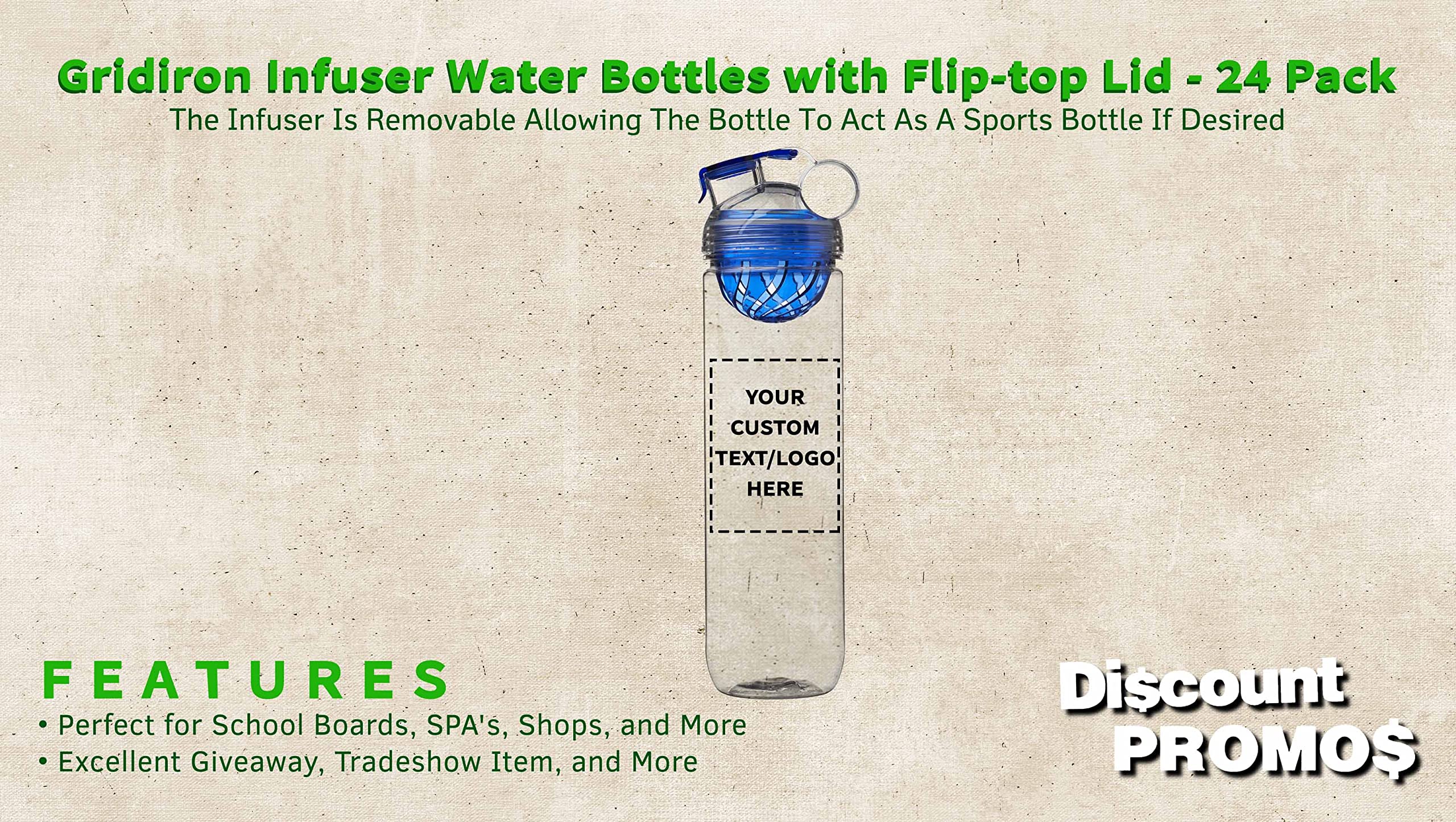 24-Pack Gridiron Infuser Water Bottles 27oz - Custom Text & Logo - Screw-On Flip-Top Spill-Proof Lid - BPA-Free - Perfect for Sports, Gym & Outdoor Activities - Blue
