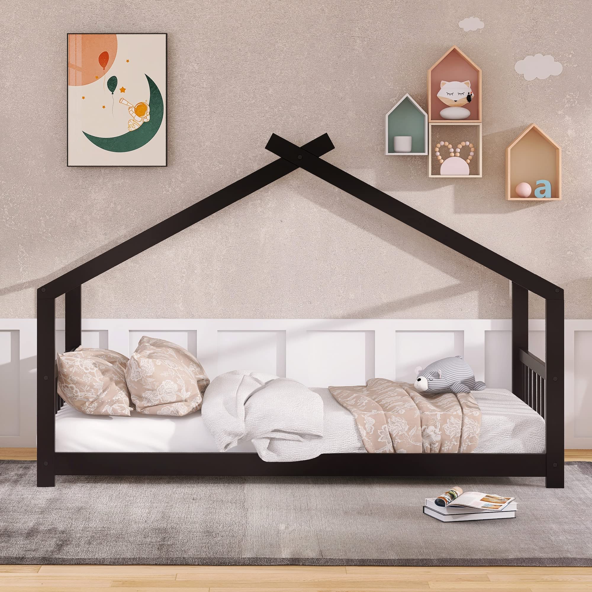 Harper & Bright Designs Wooden House Twin Bed for Kids - Espresso Platform Bed Frame with Headboard & Footboard, Montessori Toddler Bed, No Box Spring Needed - Perfect for Nursery, Bedroom & Playroom Decor