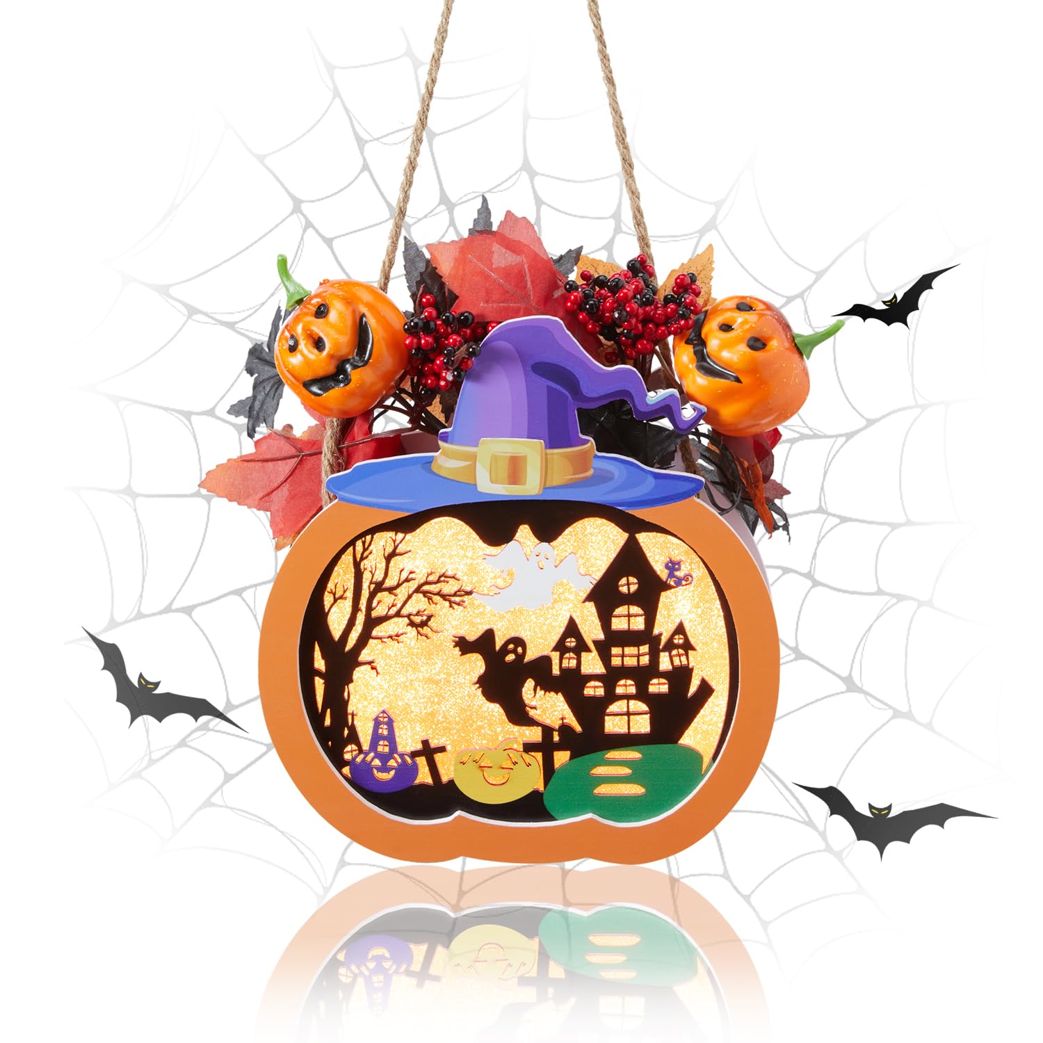 Halloween Pumpkin Light Wreath with Timer - Battery Operated Jack O'Lantern Door Decoration for Porch, Windows & Outdoor Decor - Spooky Haunted House Sign for Front Door & Wall Decorations | Perfect for Trick-or-Treating & Halloween Party Decor