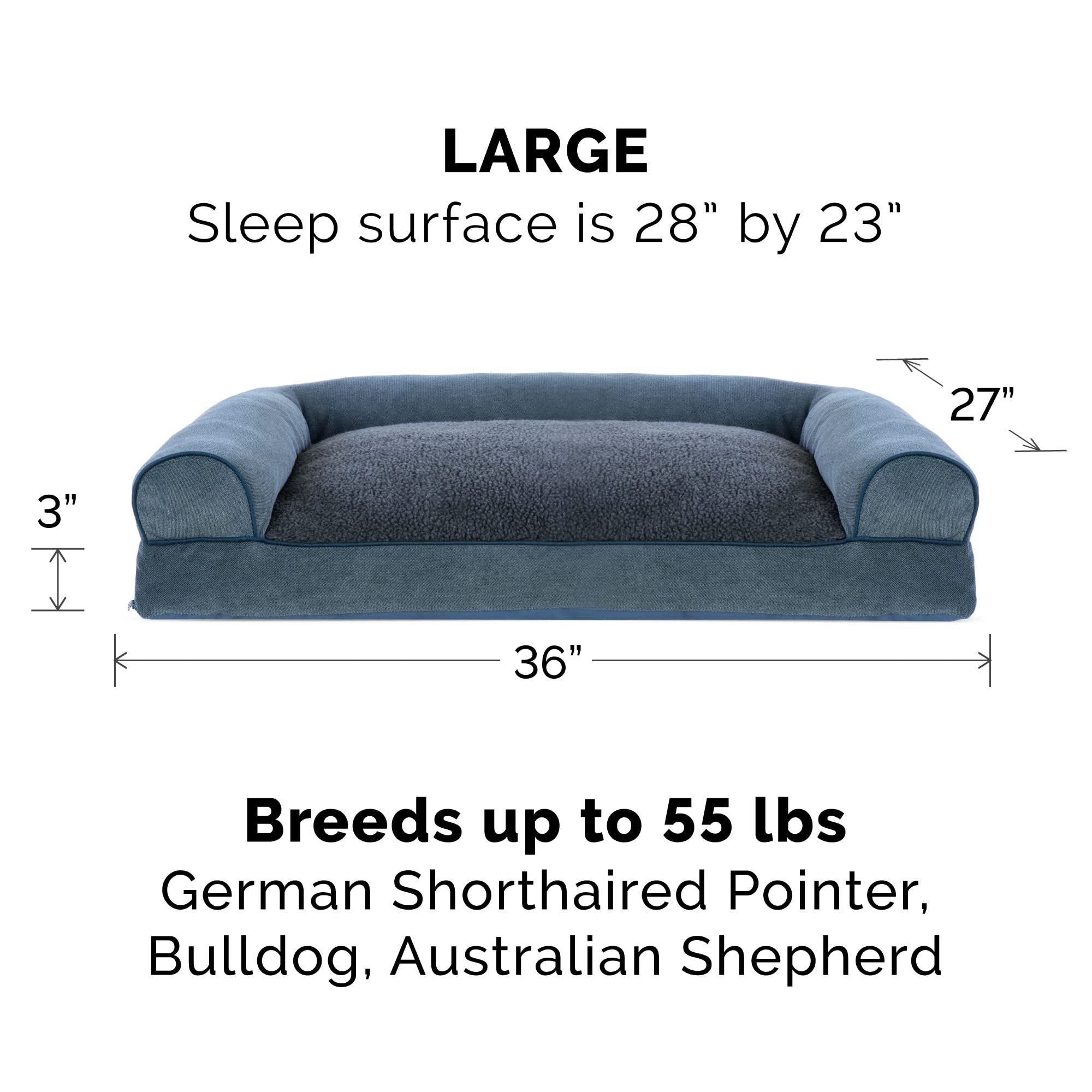 Furhaven Orthopedic Dog Bed for Large & Medium Dogs - Removable Bolsters & Machine Washable Cover - Plush Sherpa & Chenille Sofa Style - Orion Blue (Large) - Perfect for Living Room, Bedroom & Pet-Friendly Spaces