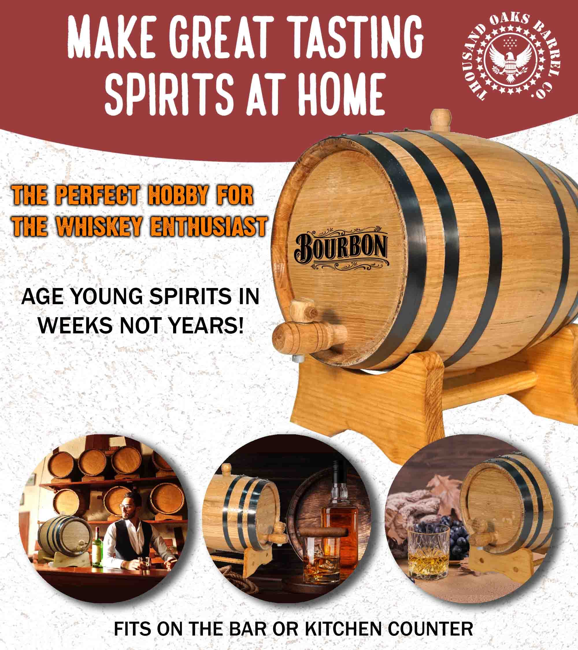 10 Liter American Oak Bourbon Aging Barrel (2.5 Gallon) with Stand, Bung & Spigot - Premium Whiskey, Rum, Tequila, Beer & Wine Aging Kit - Laser Engraved B512 Design - Perfect for Home Brewing, Cocktail Crafting & Bar Decor