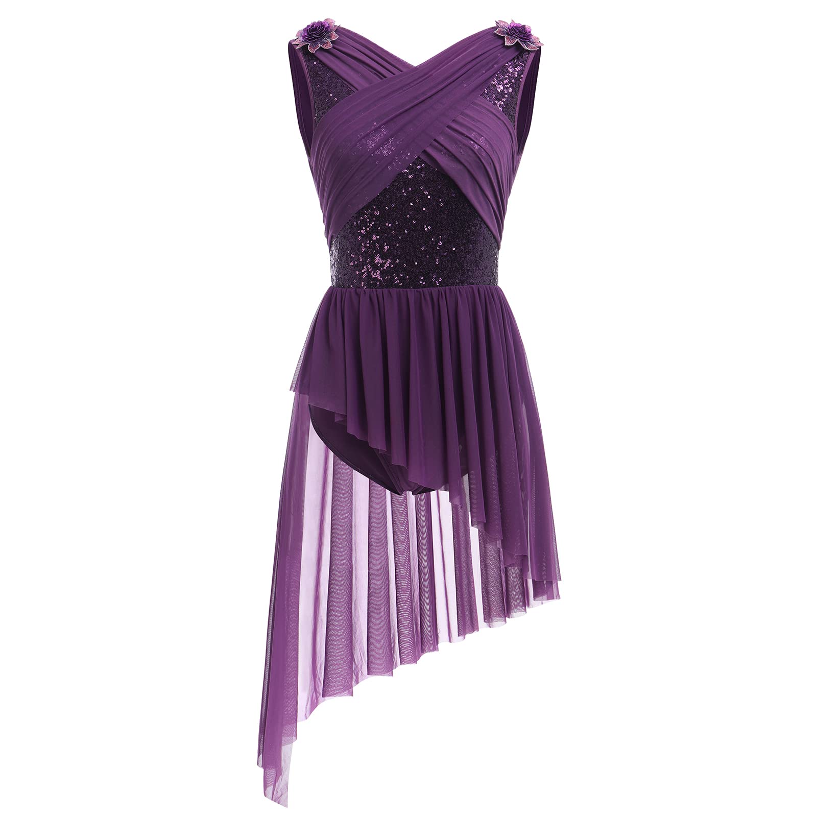 AFAVOM Women's Lyrical Dance Dress with Sequin Flower & Asymmetric Flowy Tulle Skirt - Contemporary Ballet Performance Costume for Stage Shows, Recitals & Dance Competitions